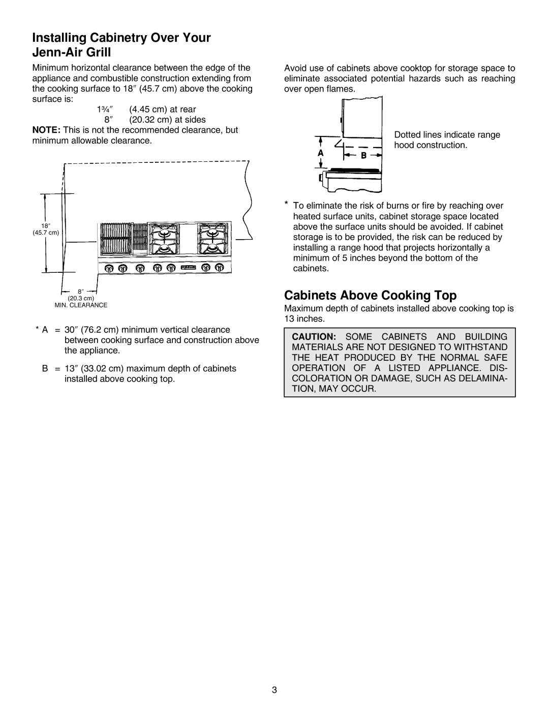 Jenn-Air JGD8348CDP installation instructions Installing Cabinetry Over Your Jenn-Air Grill, Cabinets Above Cooking Top 