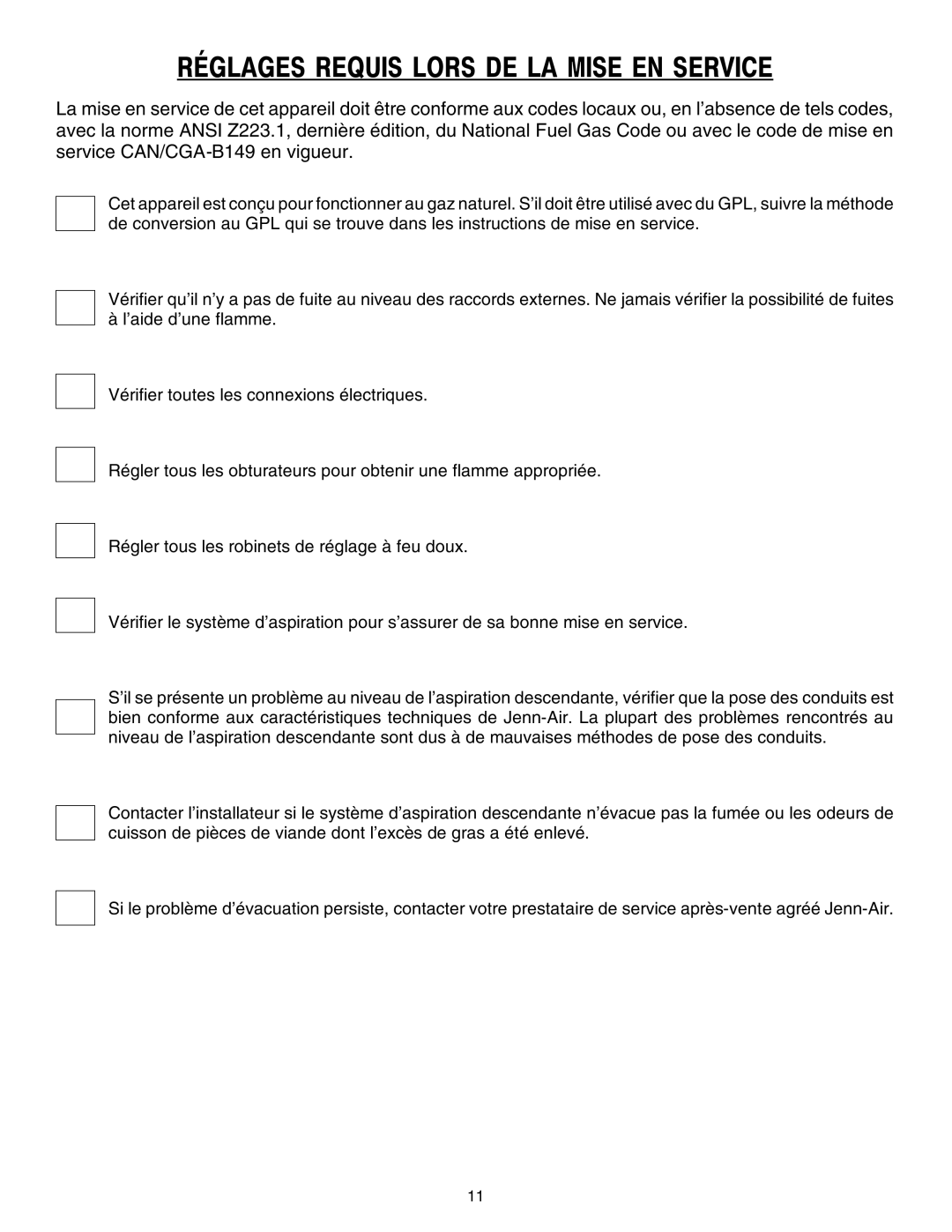 Jenn-Air JGD8348CDP installation instructions Réglages Requis Lors DE LA Mise EN Service 