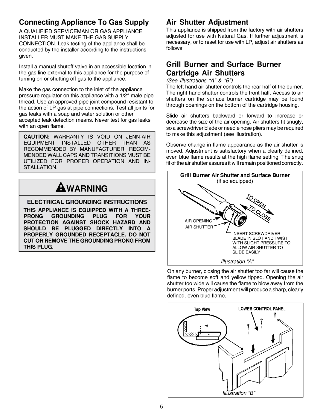 Jenn-Air JGD8348CDP installation instructions Connecting Appliance To Gas Supply, Air Shutter Adjustment 