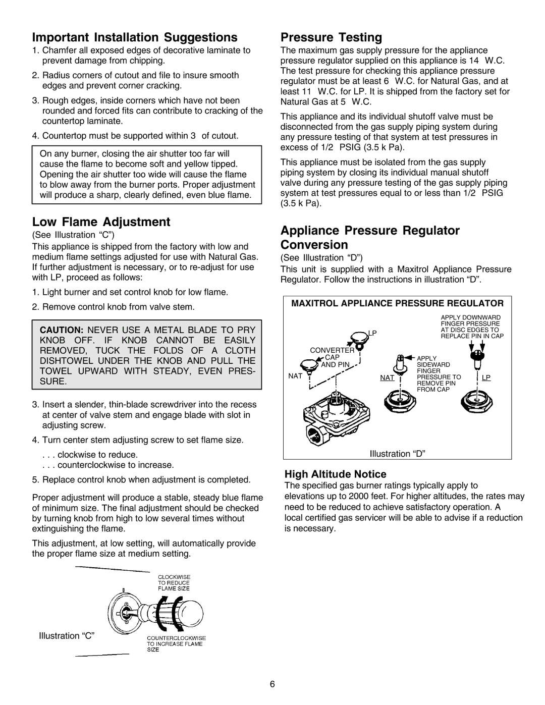 Jenn-Air JGD8348CDP installation instructions Important Installation Suggestions, Low Flame Adjustment, Pressure Testing 