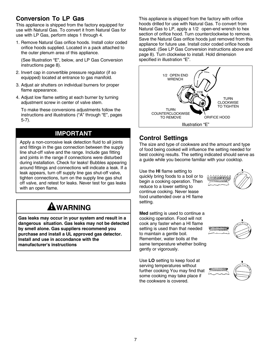 Jenn-Air JGD8348CDP installation instructions Conversion To LP Gas, Control Settings 