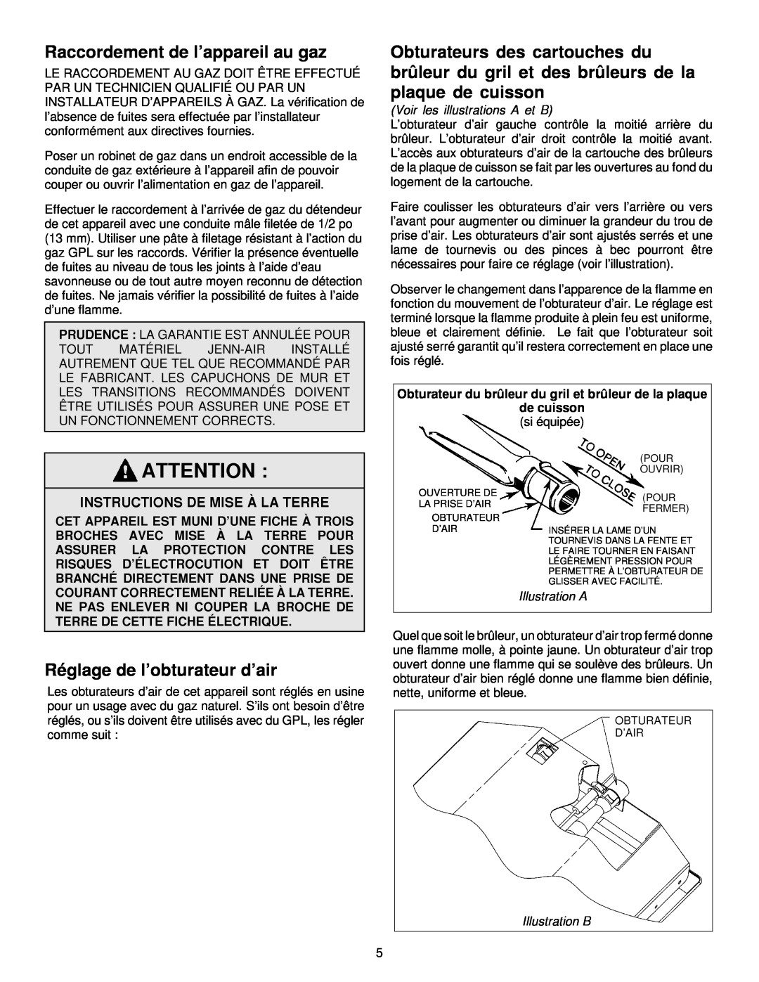 Jenn-Air JGD8348CDP Raccordement de l’appareil au gaz, Réglage de l’obturateur d’air, Instructions De Mise À La Terre 