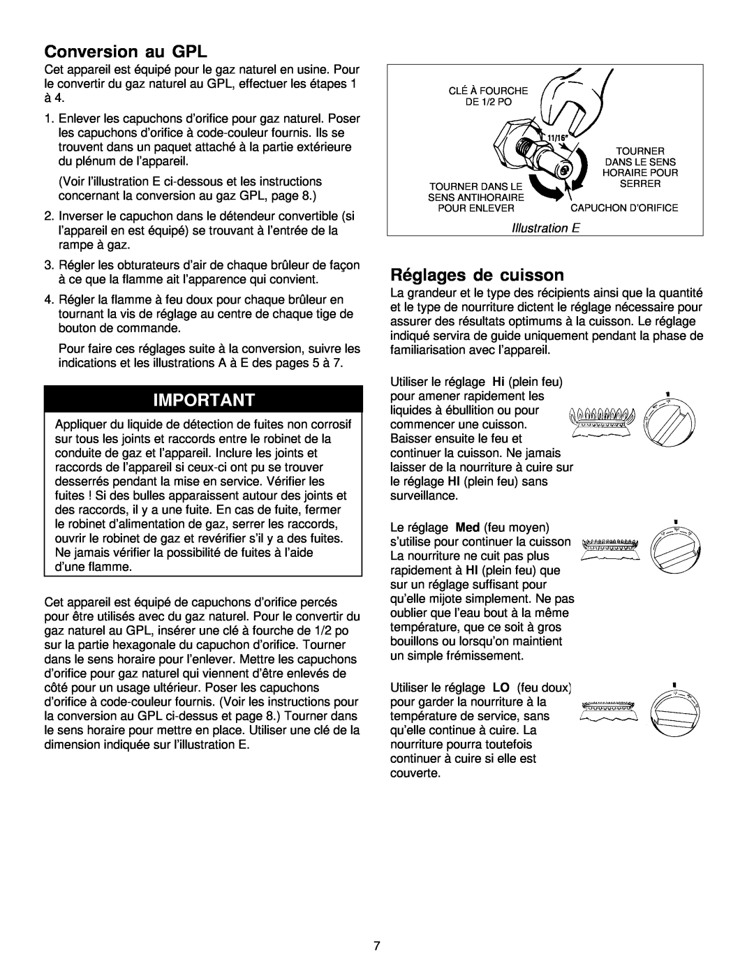 Jenn-Air JGD8348CDP installation instructions Conversion au GPL, Réglages de cuisson, Illustration E 