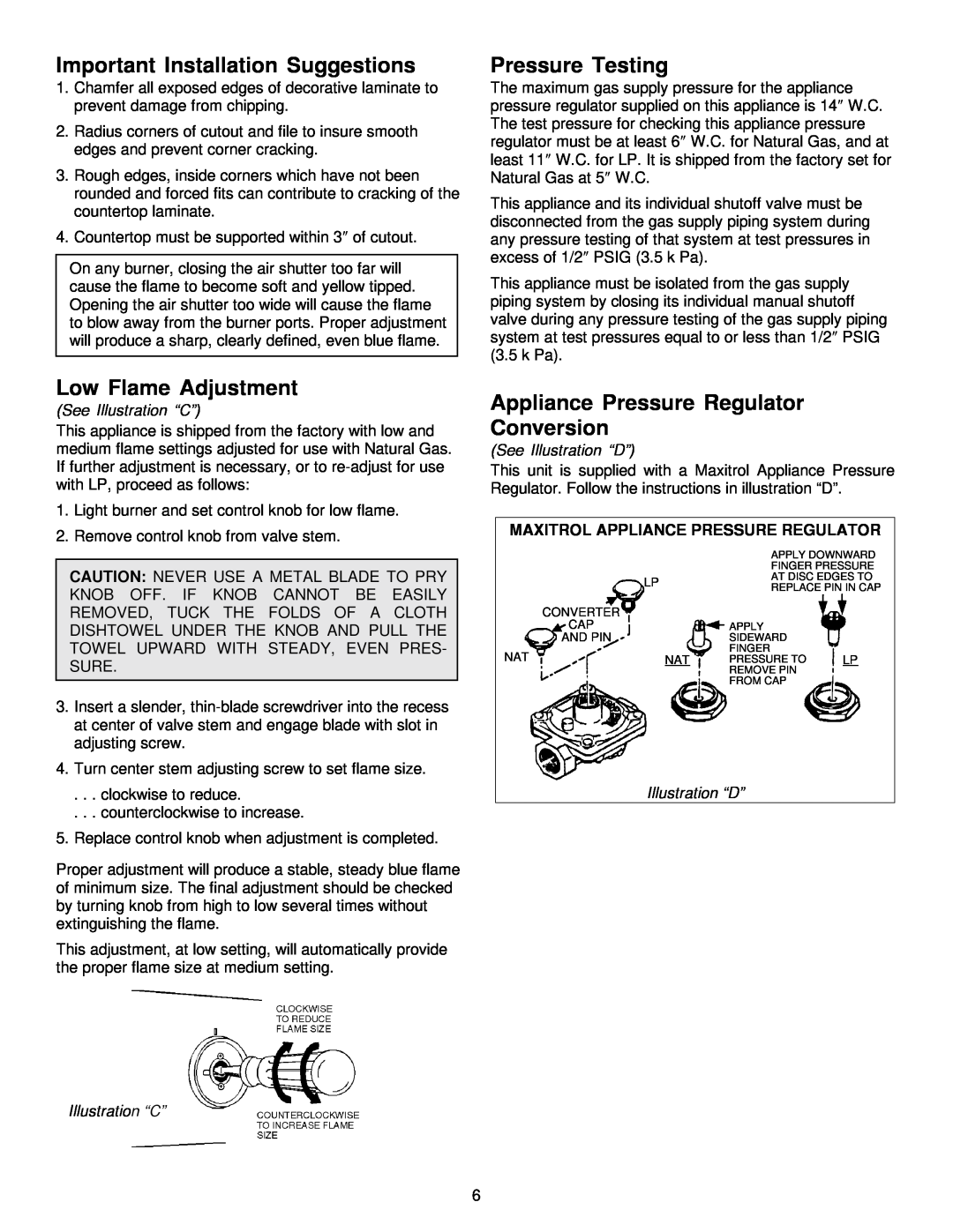Jenn-Air JGD8348CDP Important Installation Suggestions, Low Flame Adjustment, Pressure Testing, See Illustration “C” 