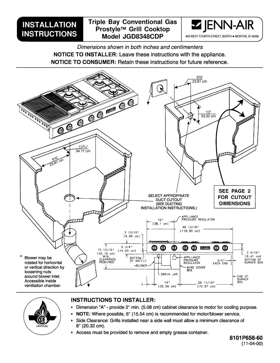 Jenn-Air installation instructions Triple Bay Conventional Gas, Prostyle Grill Cooktop, Model JGD8348CDP, 8101P620-60 