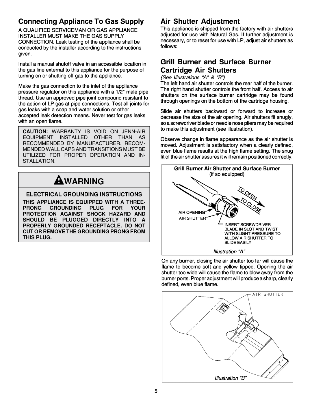 Jenn-Air JGD8348CDP Connecting Appliance To Gas Supply, Air Shutter Adjustment, Electrical Grounding Instructions 