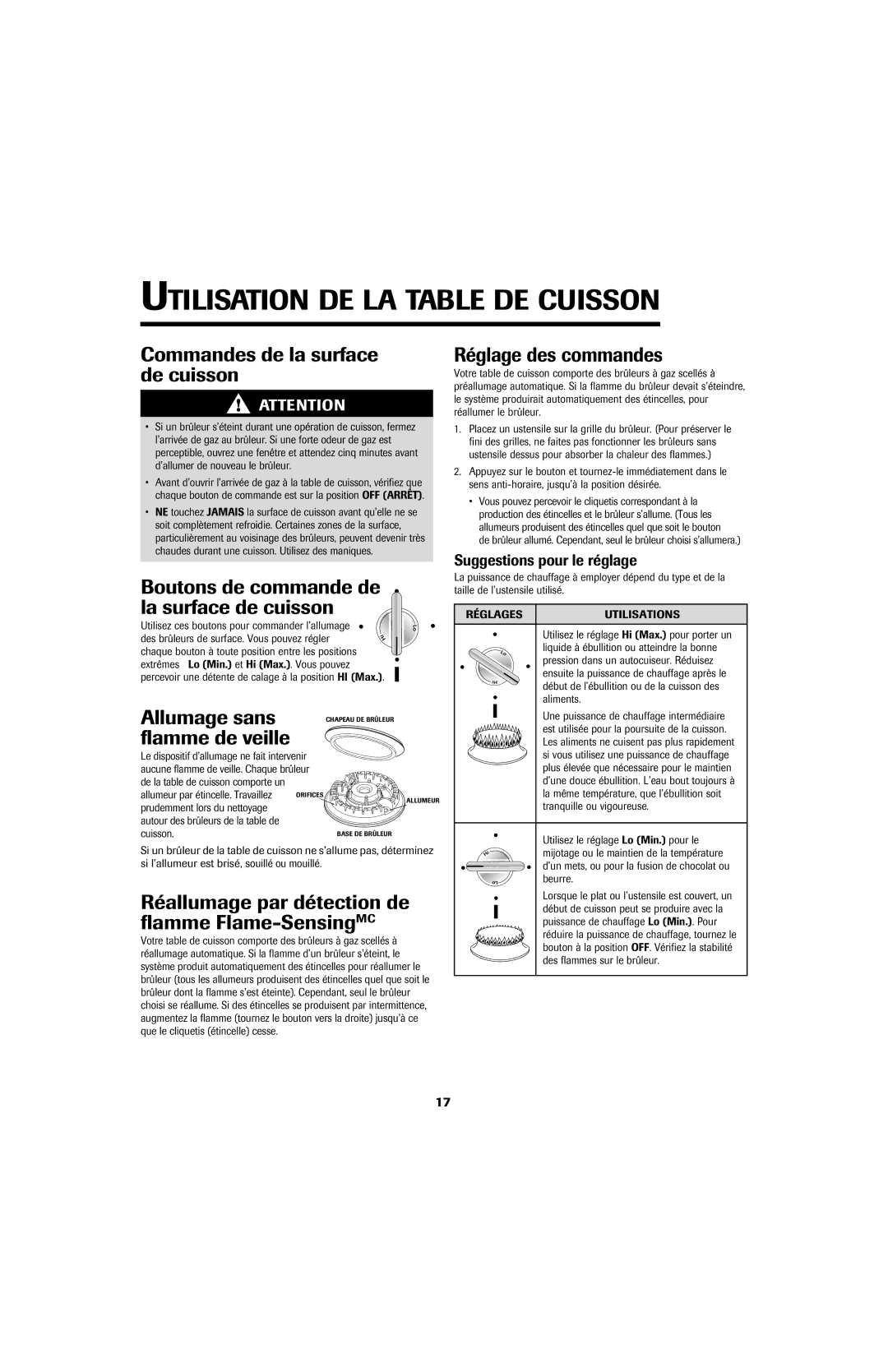 Jenn-Air JGD8430 important safety instructions Utilisation DE LA Table DE Cuisson 