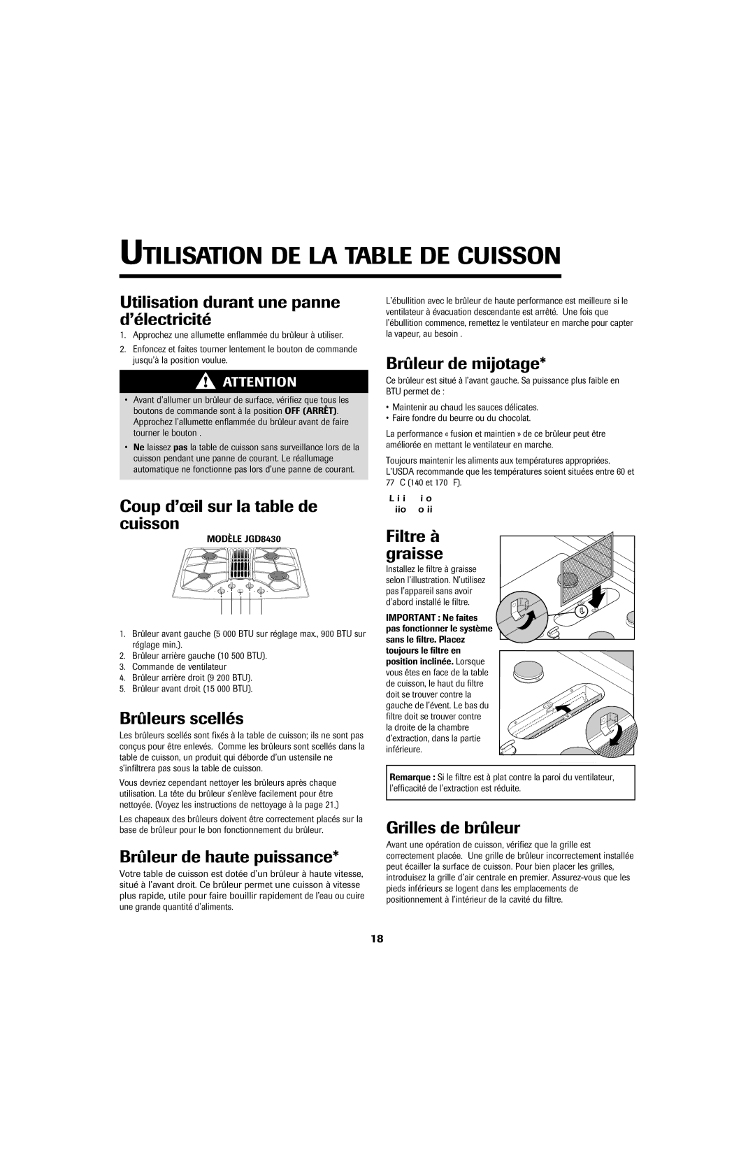 Jenn-Air JGD8430 Utilisation durant une panne d’électricité, Coup d’œil sur la table de cuisson, Brûleurs scellés 