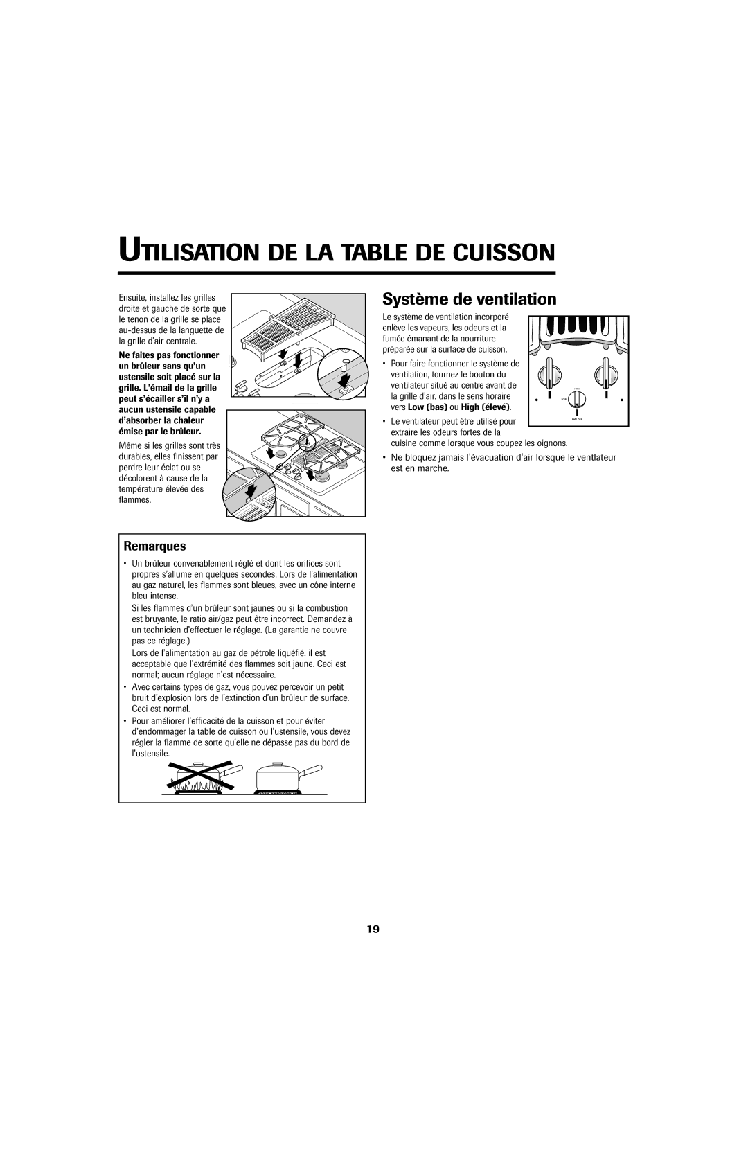 Jenn-Air JGD8430 important safety instructions Système de ventilation, Remarques, La grille d’air, dans le sens horaire 