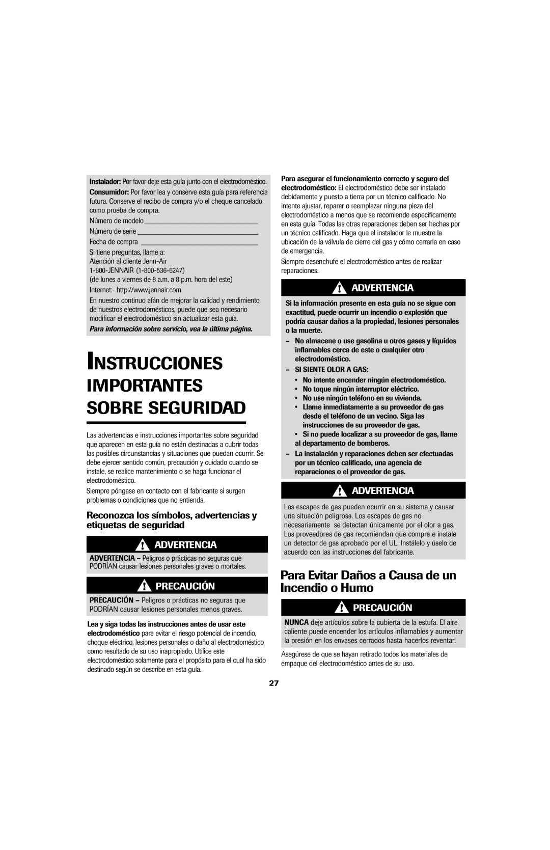 Jenn-Air JGD8430 Instrucciones Importantes Sobre Seguridad, Para Evitar Daños a Causa de un Incendio o Humo 