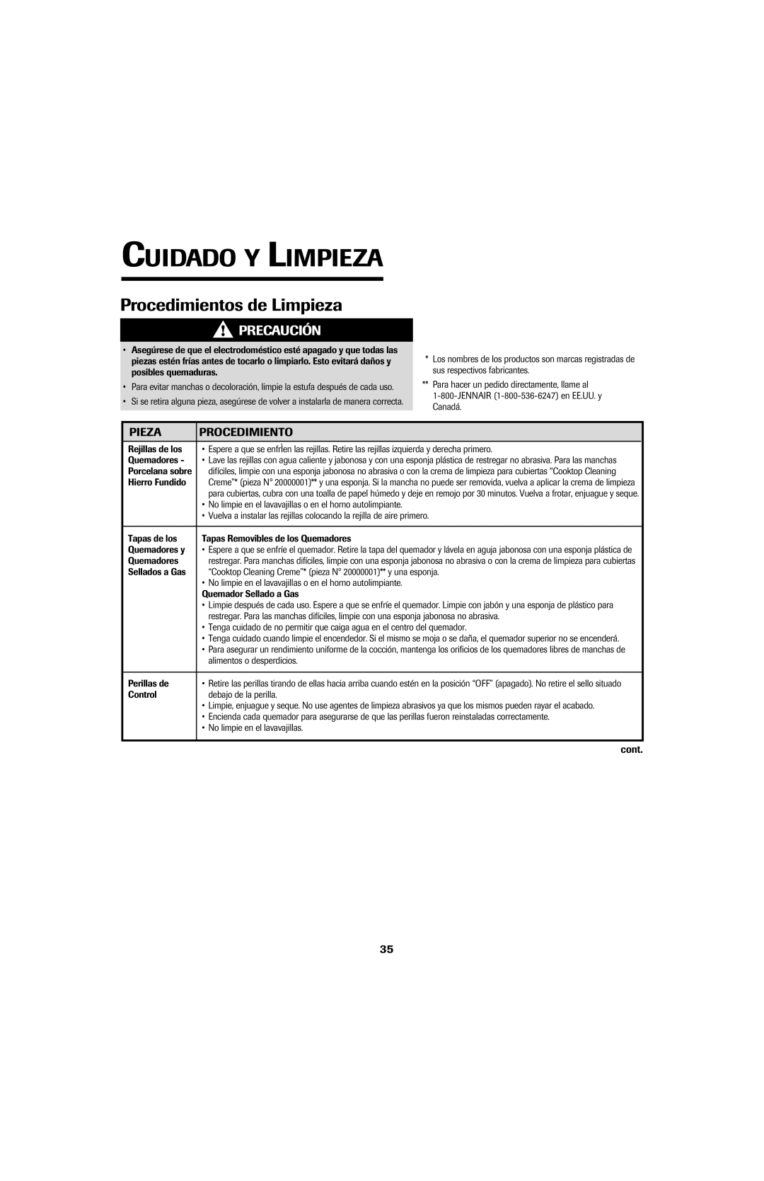 Jenn-Air JGD8430 important safety instructions Cuidado Y Limpieza, Procedimientos de Limpieza, Pieza Procedimiento 