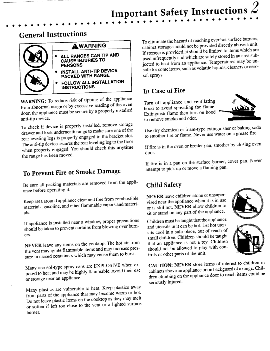 Jenn-Air JGR8855 Important Safety Instructions, General Instructions, To Prevent Fire or Smoke Damage, In Case of Fire 