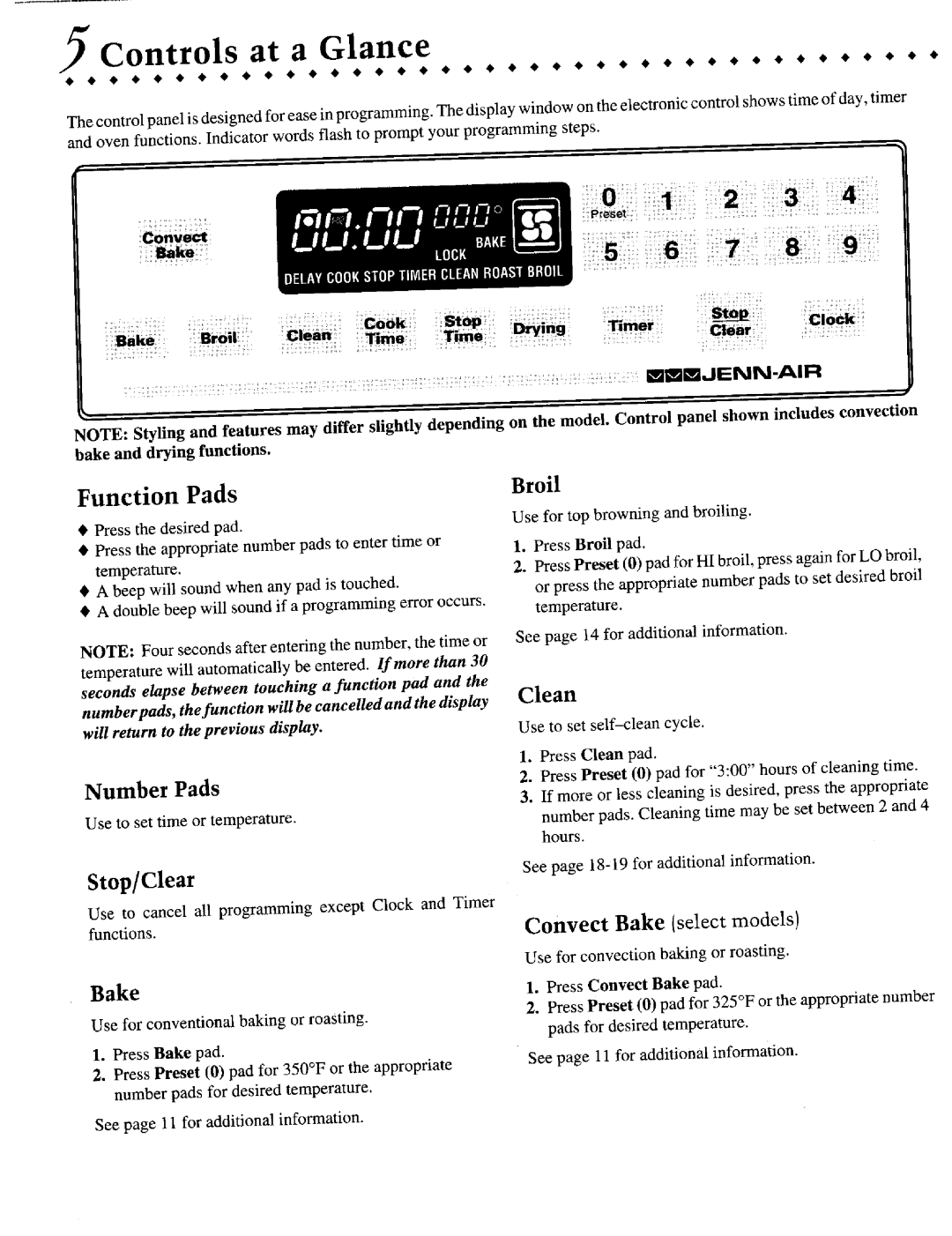 Jenn-Air JGR8855 Controls at a Glance, Stop/Clear, Function Pads, Broil, Convect Bake selectmodels, Number Pads, Clean 