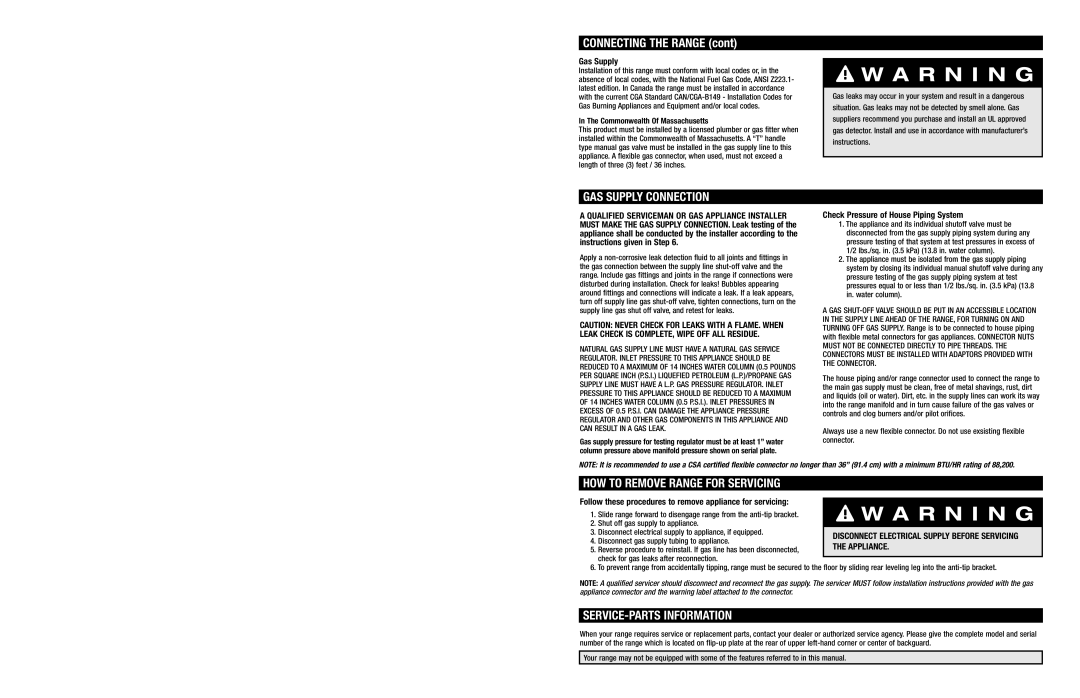 Jenn-Air JGR8890 Connecting the Range, GAS Supply Connection, HOW to Remove Range for Servicing, SERVICE-PARTS Information 