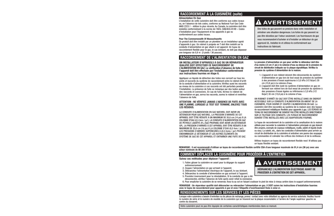 Jenn-Air JGR8890 manual Raccordement DE L’ALIMENTATION EN GAZ, Comment Déplacer LA Cuisinière Pour Procéder À L’ENTRETIEN 