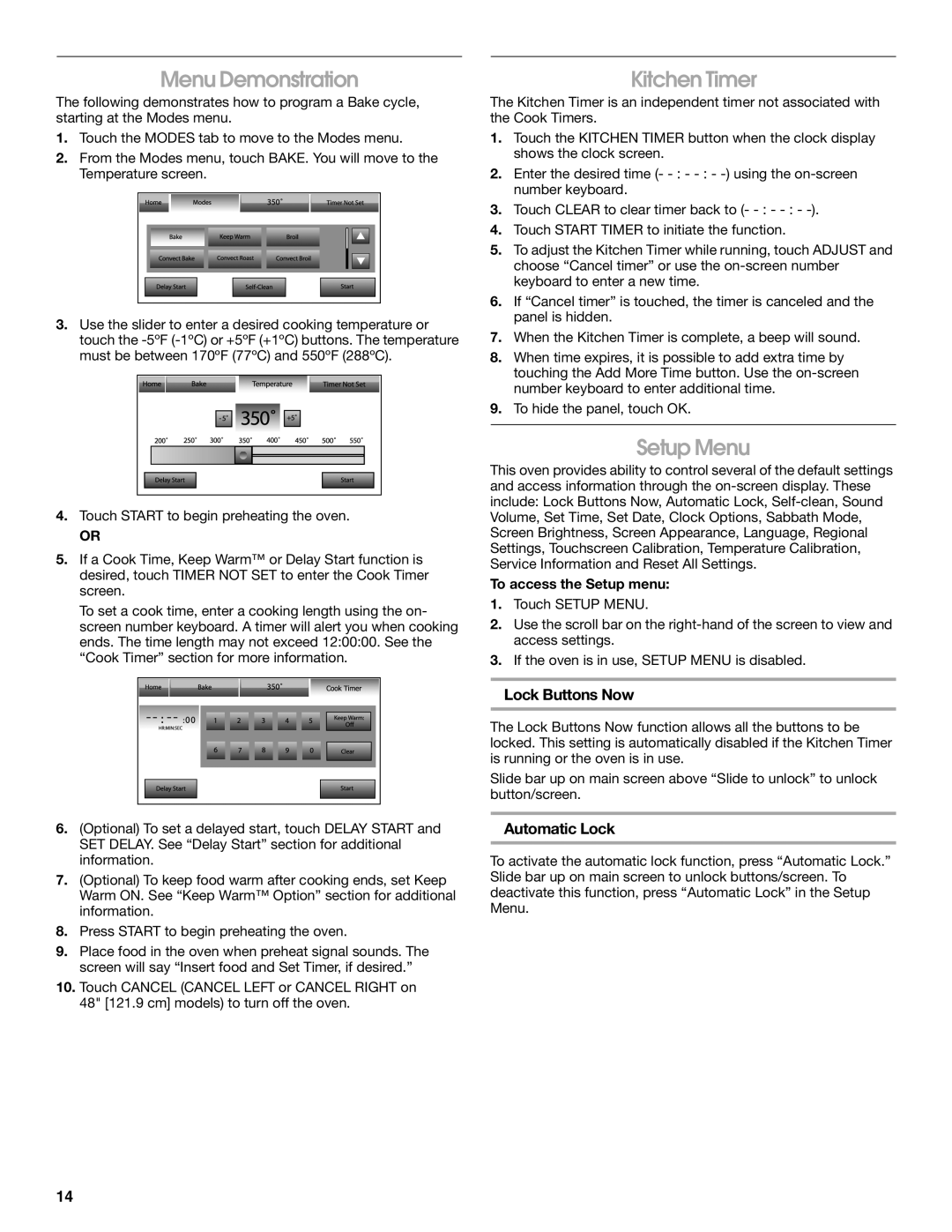 Jenn-Air JGRP536, JGRP548, JGRP430, JGRP436 Menu Demonstration, Kitchen Timer, Setup Menu, Lock Buttons Now, Automatic Lock 