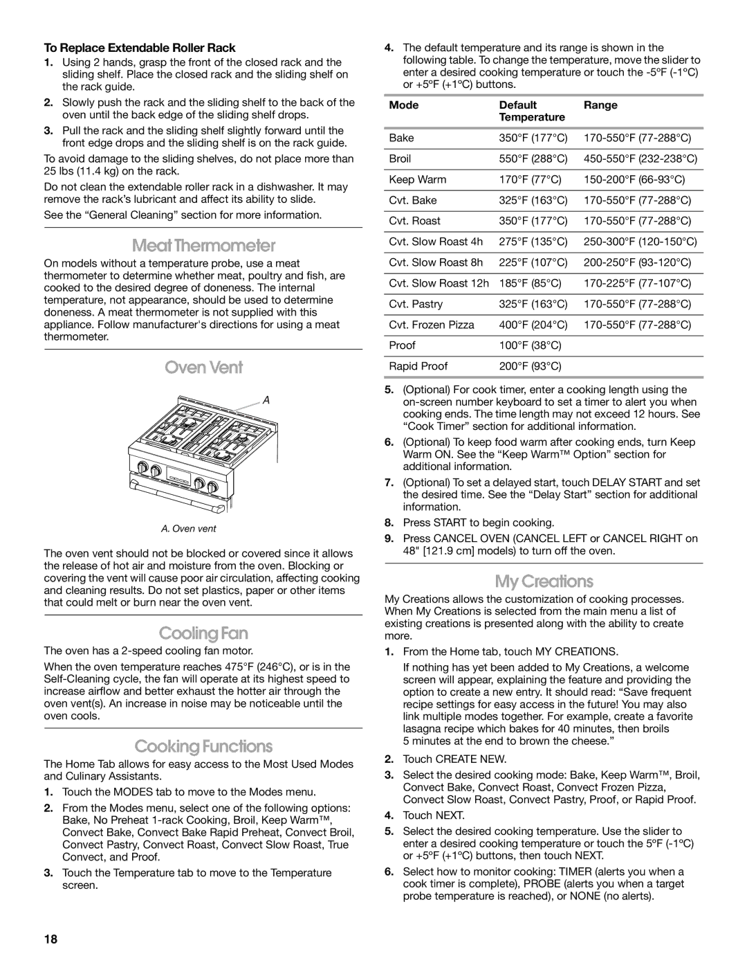 Jenn-Air JGRP536, JGRP548, JGRP430, JGRP436 manual Meat Thermometer, Oven Vent, Cooling Fan, Cooking Functions, My Creations 