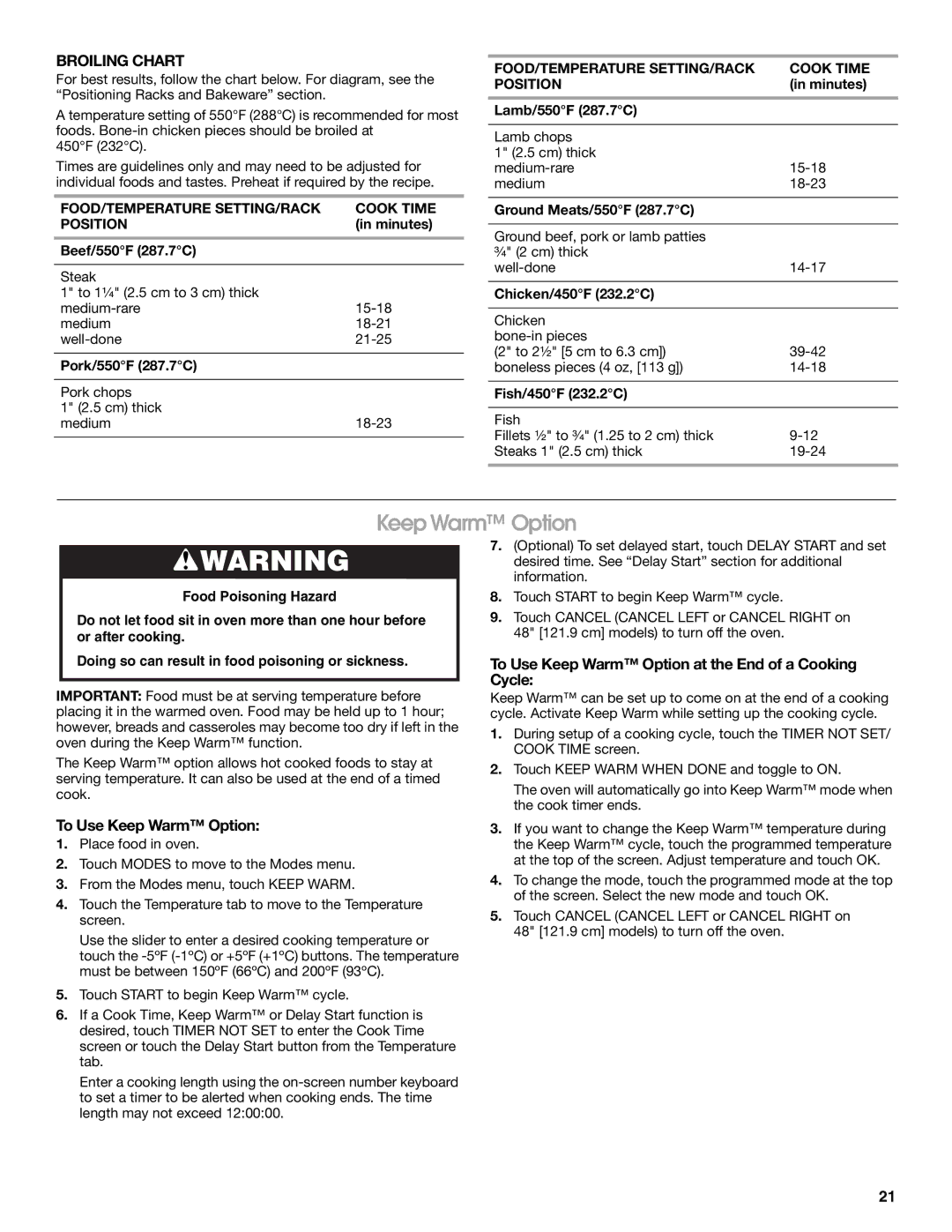 Jenn-Air JGRP430, JGRP548, JGRP536, JGRP436 manual Broiling Chart, To Use Keep Warm Option at the End of a Cooking Cycle 