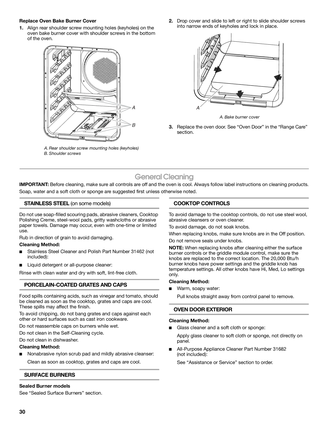 Jenn-Air JGRP536 General Cleaning, PORCELAIN-COATED Grates and Caps, Cooktop Controls, Oven Door Exterior, Surface Burners 