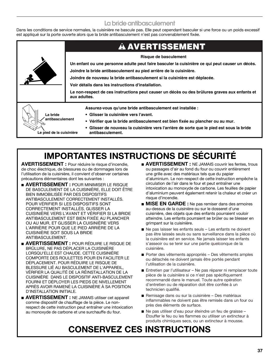 Jenn-Air JGRP430, JGRP548, JGRP536, JGRP436 manual Importantes Instructions DE Sécurité, La bride antibasculement 