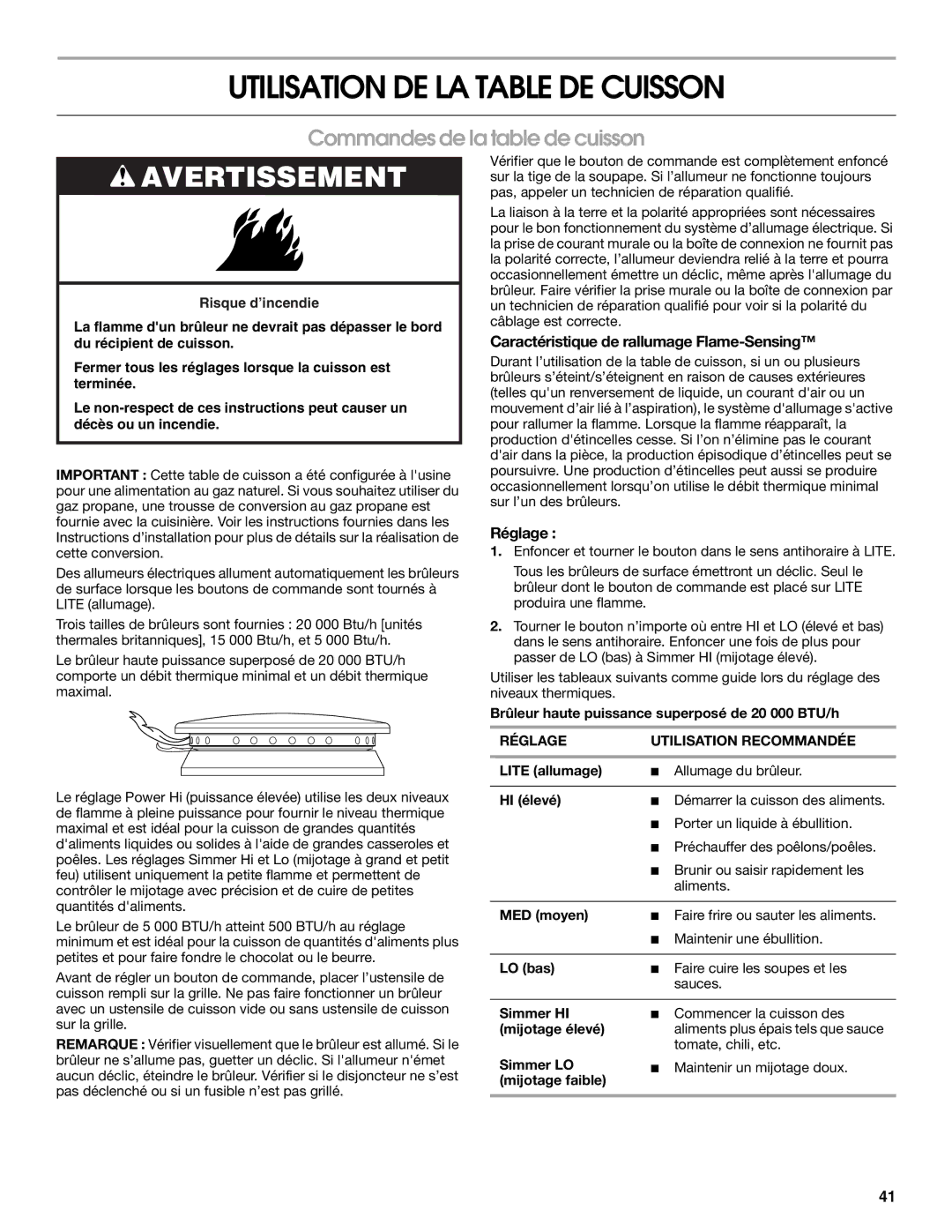 Jenn-Air JGRP430, JGRP548, JGRP536, JGRP436 Utilisation DE LA Table DE Cuisson, Commandes de la table de cuisson, Réglage 