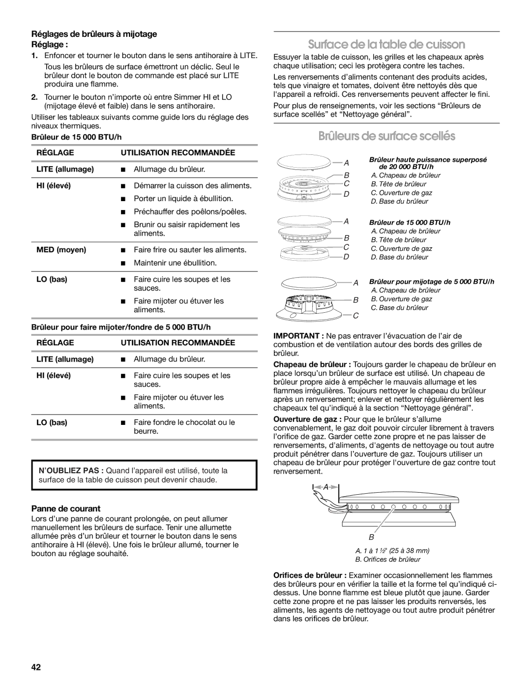 Jenn-Air JGRP536, JGRP548 Surface de la table de cuisson, Brûleurs de surface scellés, Réglages de brûleurs à mijotage 