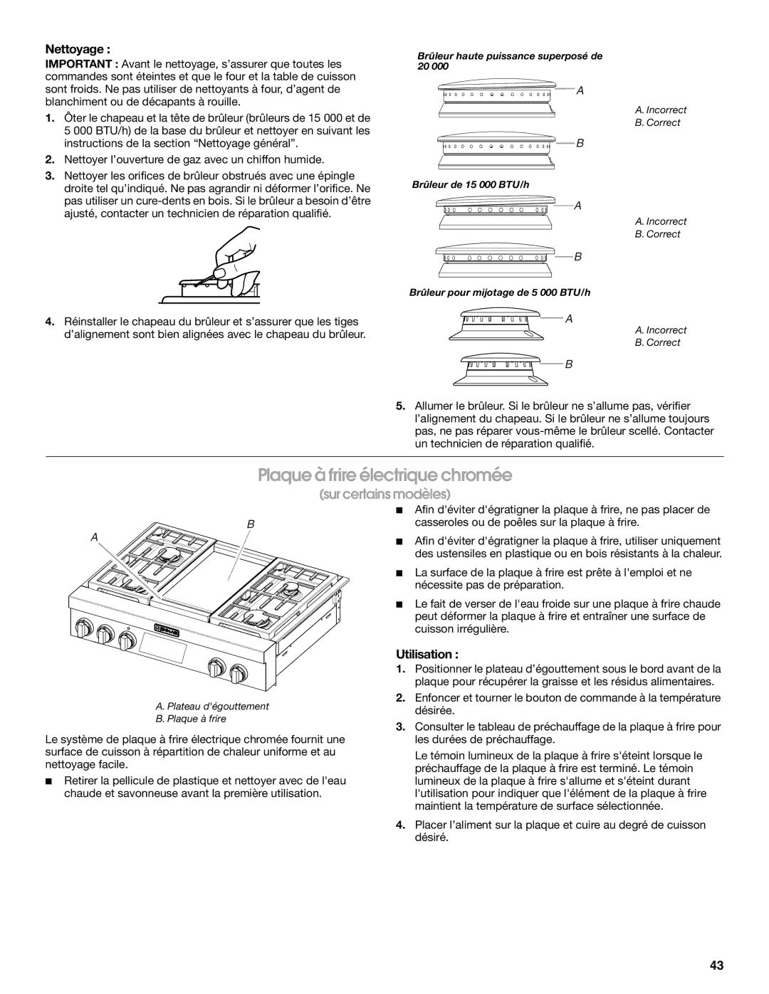 Jenn-Air JGRP436, JGRP548, JGRP430, JGRP536 manual Plaque à frire électrique chromée, Nettoyage, Utilisation 