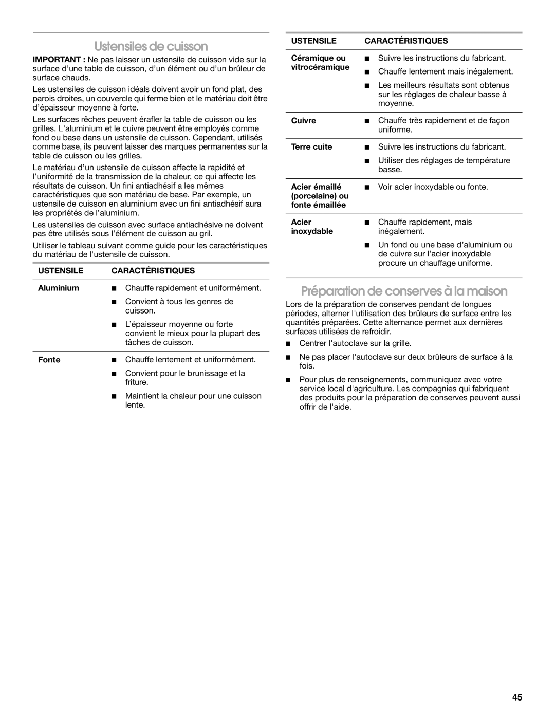 Jenn-Air JGRP430, JGRP548, JGRP536 Ustensiles de cuisson, Préparation de conserves à la maison, Ustensile Caractéristiques 