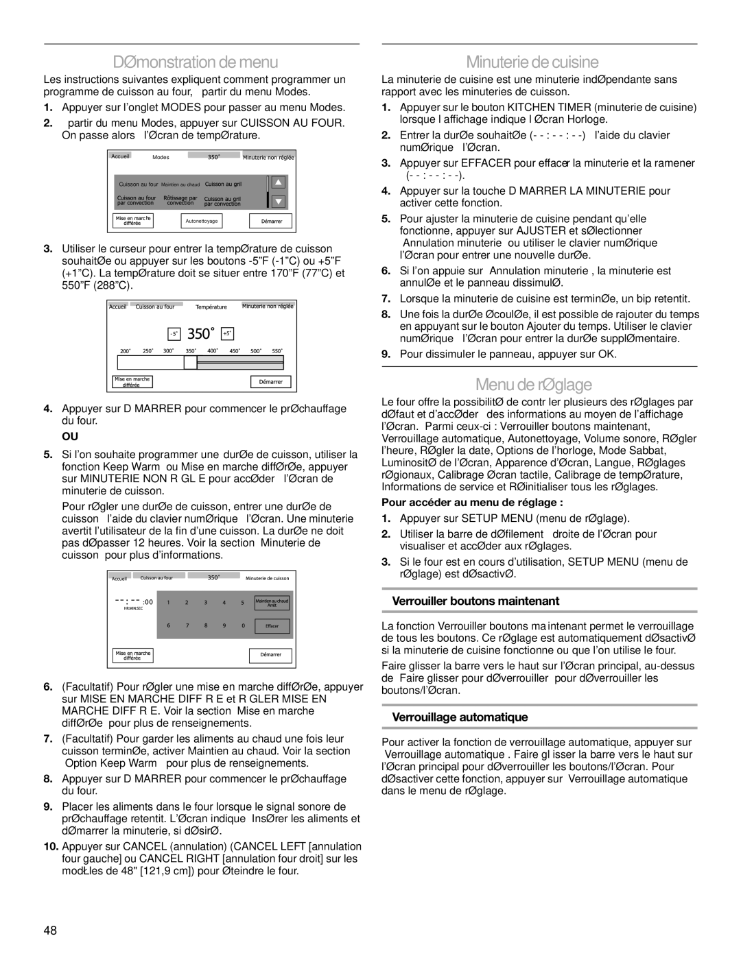 Jenn-Air JGRP548, JGRP430 Démonstration de menu, Minuterie de cuisine, Menu de réglage, Verrouiller boutons maintenant 