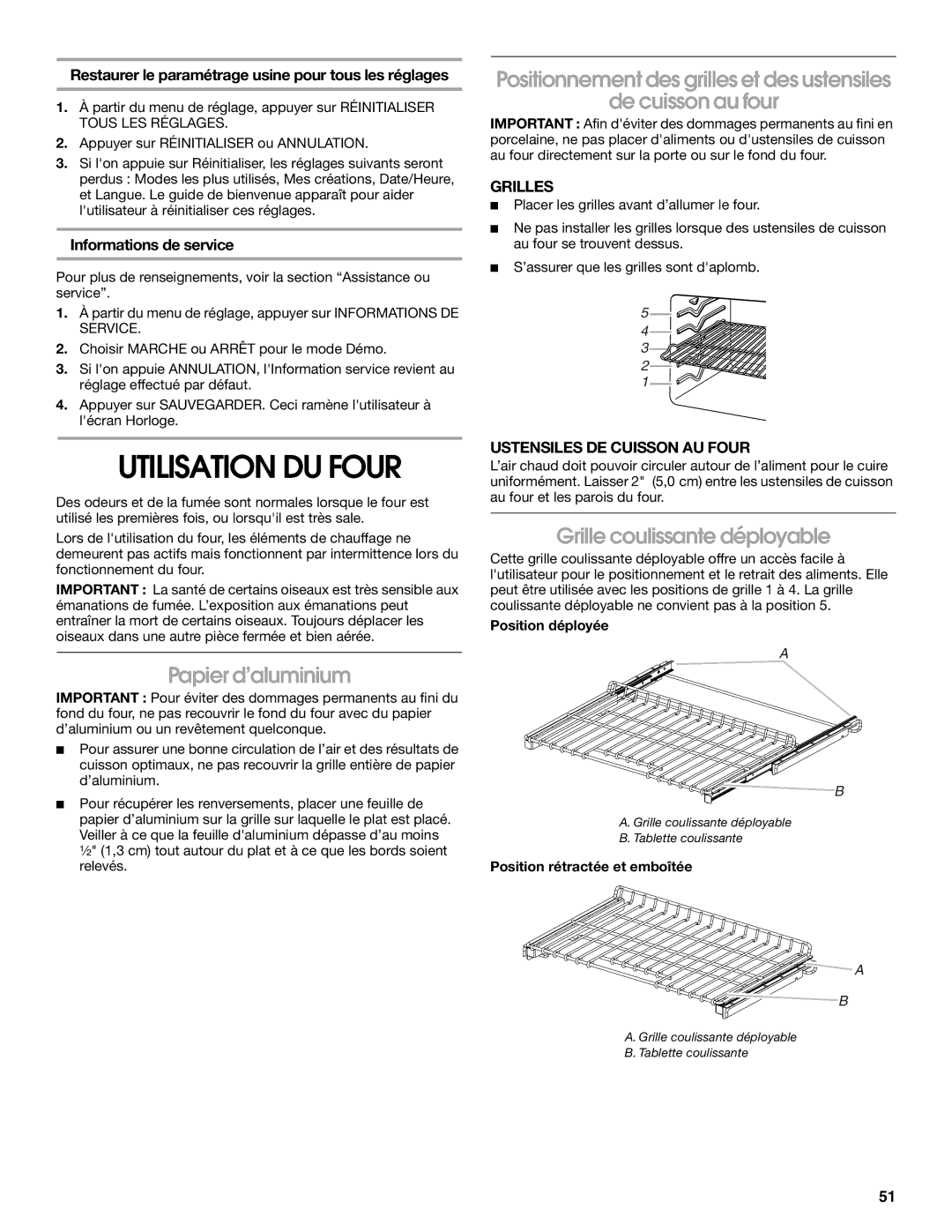 Jenn-Air JGRP436, JGRP548, JGRP430, JGRP536 Utilisation DU Four, Papier d’aluminium, Grille coulissante déployable, Grilles 