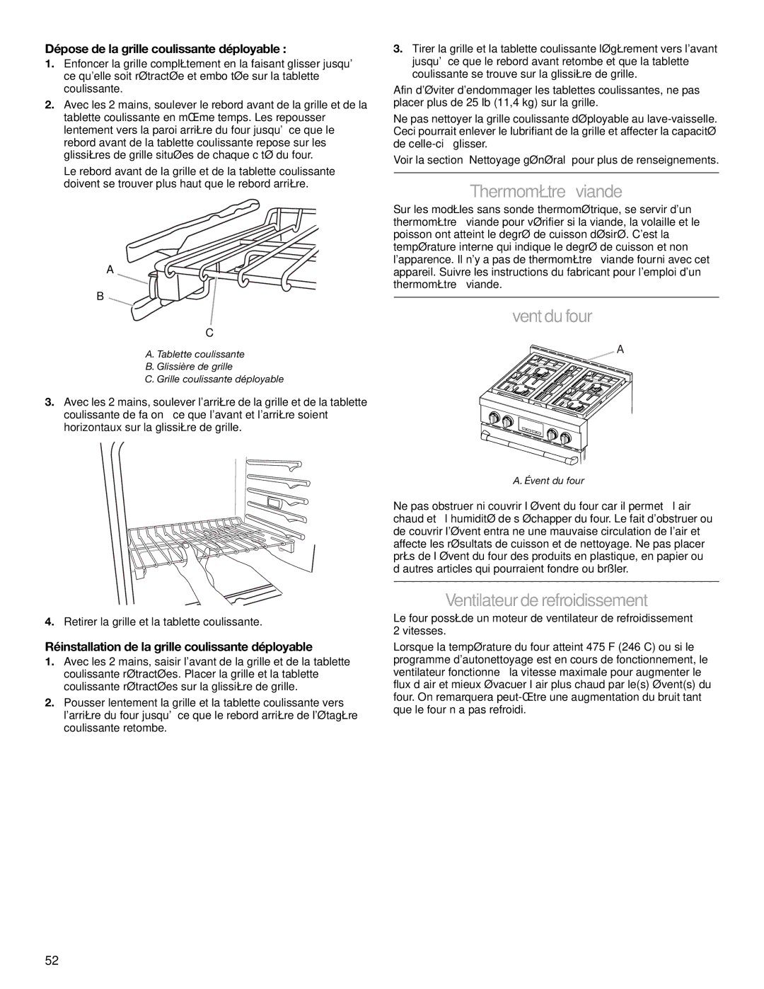 Jenn-Air JGRP548, JGRP430, JGRP536, JGRP436 manual Thermomètre à viande, Évent du four, Ventilateur de refroidissement 