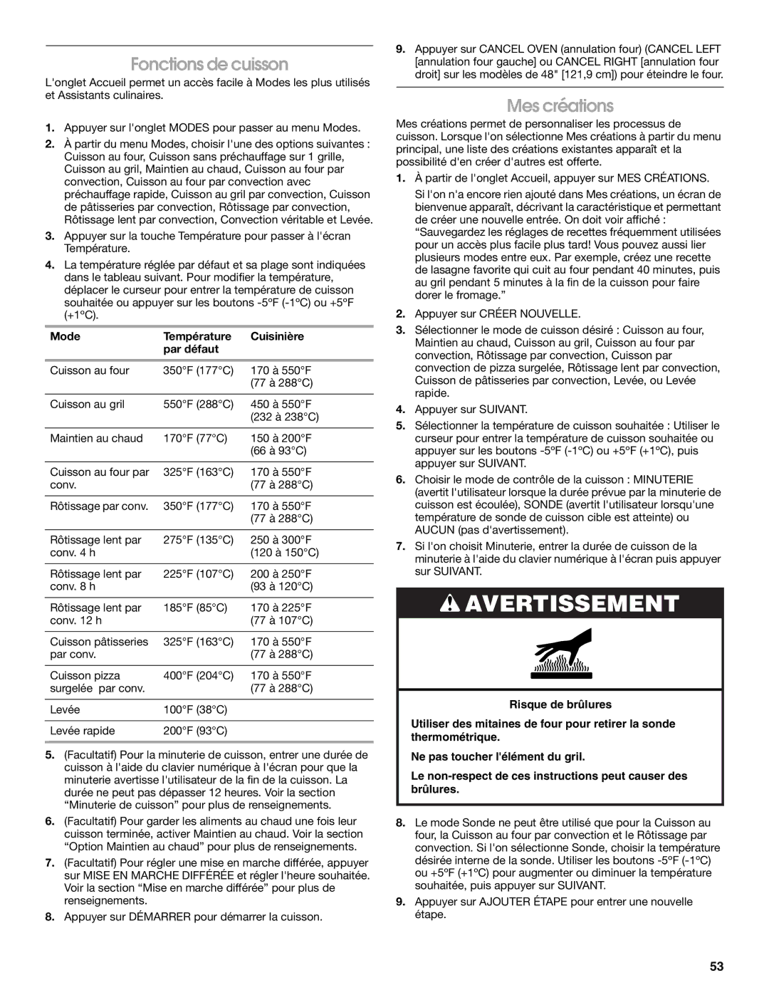 Jenn-Air JGRP430, JGRP548, JGRP536, JGRP436 manual Fonctions de cuisson, Mes créations, Mode Température Cuisinière Par défaut 