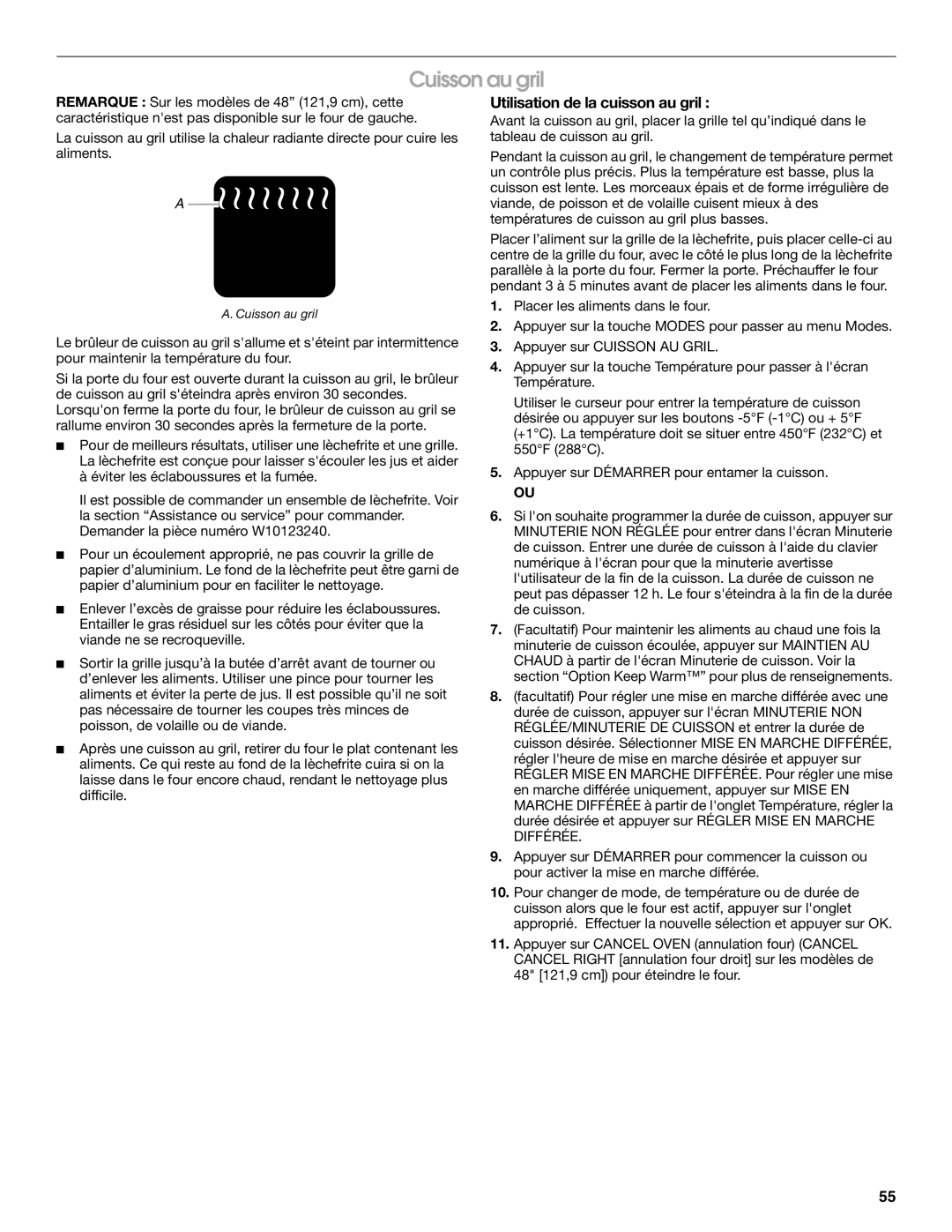 Jenn-Air JGRP436, JGRP548, JGRP430, JGRP536 manual Cuisson au gril, Utilisation de la cuisson au gril 