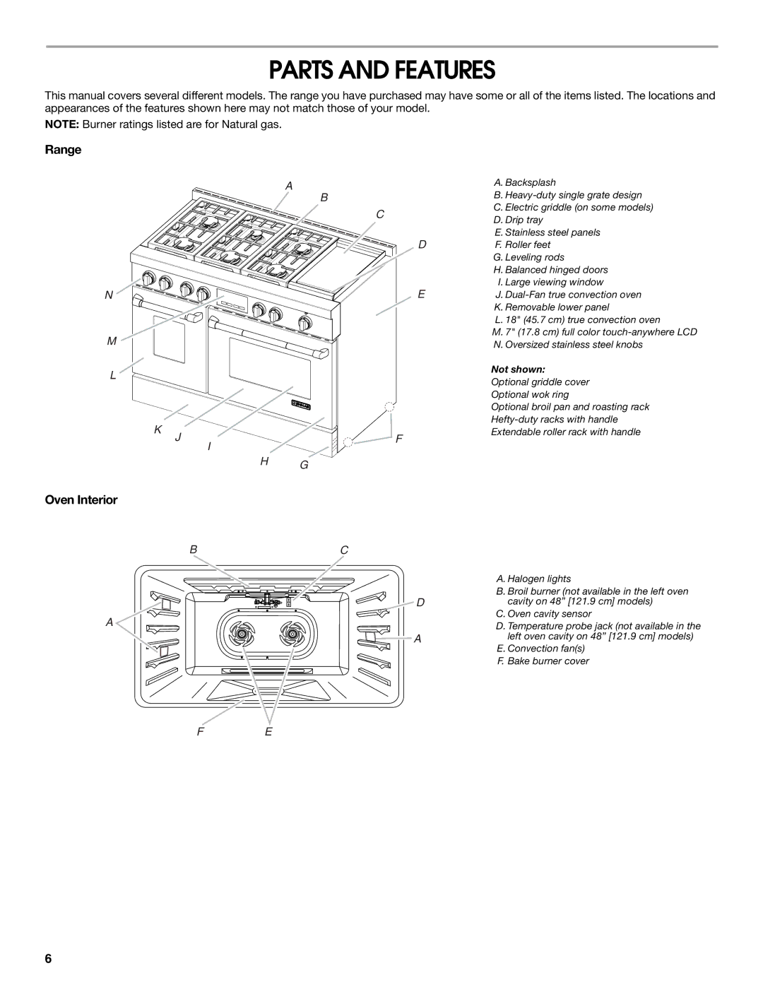 Jenn-Air JGRP536, JGRP548, JGRP430, JGRP436 manual Parts and Features, Range, Oven Interior 