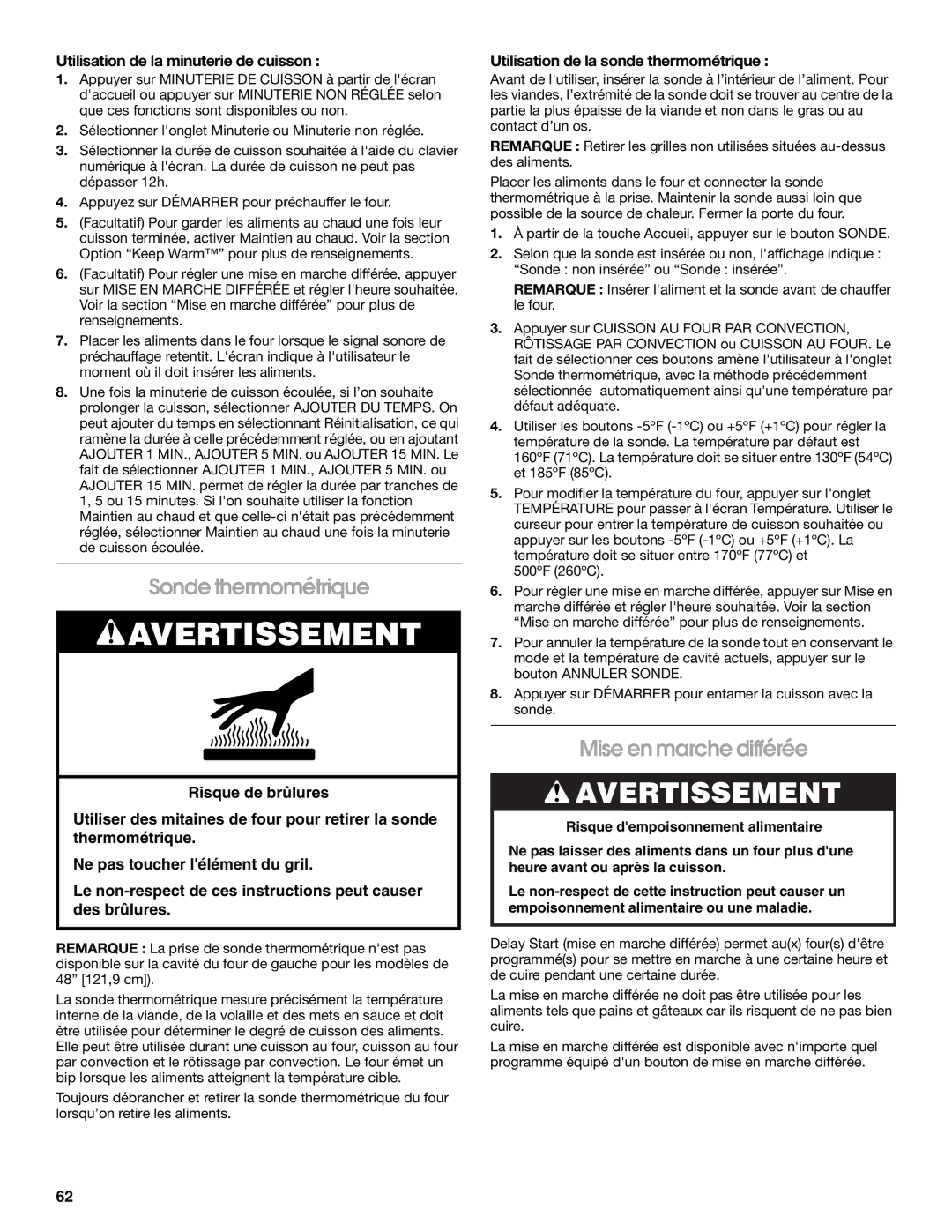Jenn-Air JGRP536, JGRP548, JGRP430 Sonde thermométrique, Mise en marche différée, Utilisation de la minuterie de cuisson 