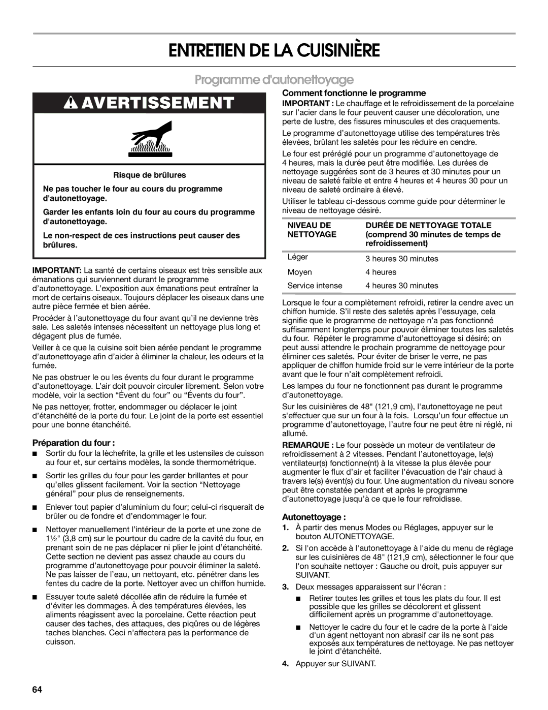 Jenn-Air JGRP548, JGRP430, JGRP536, JGRP436 manual Entretien DE LA Cuisinière, Programme dautonettoyage, Préparation du four 