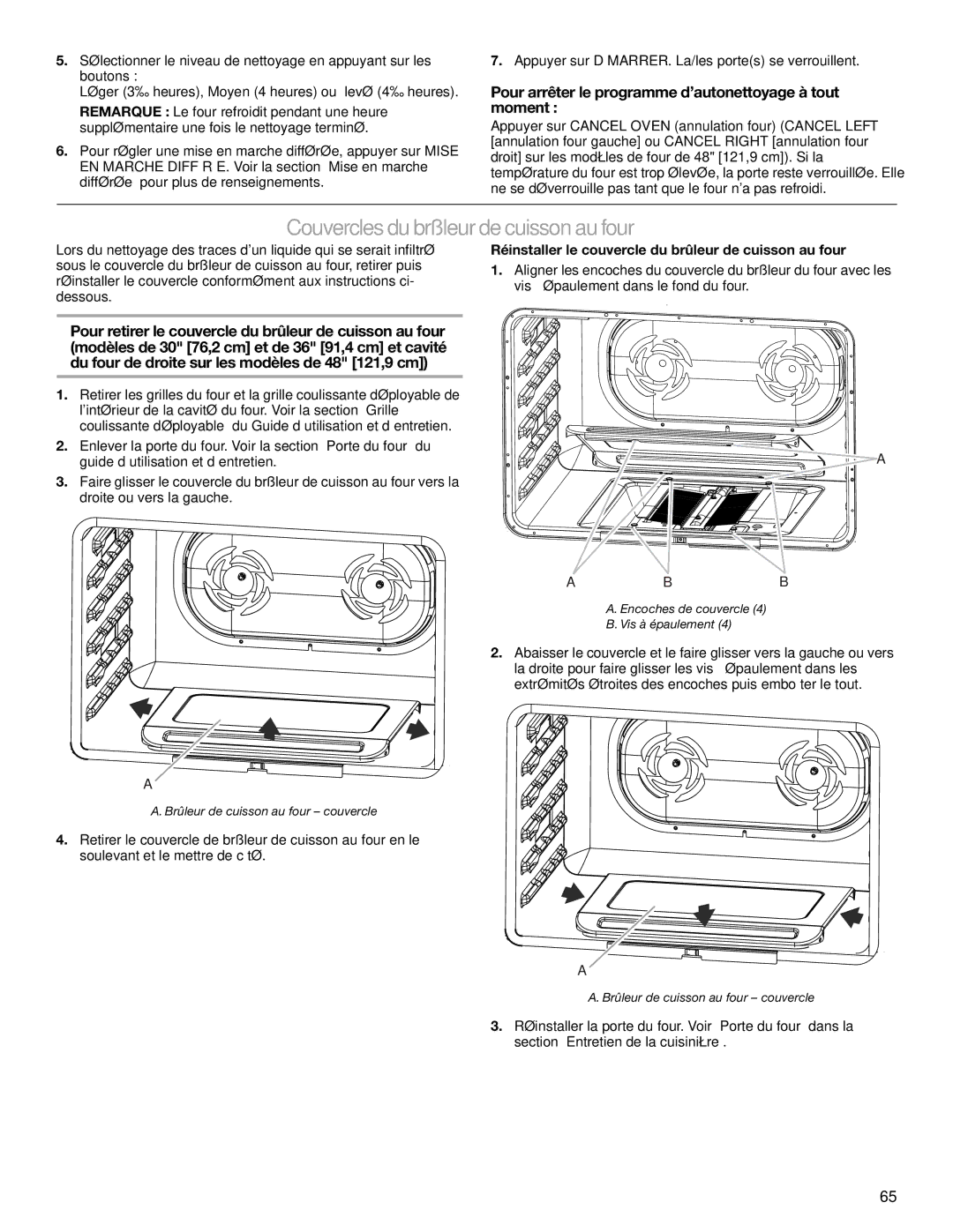 Jenn-Air JGRP430 manual Couvercles du brûleur de cuisson au four, Pour arrêter le programme d’autonettoyage à tout moment 