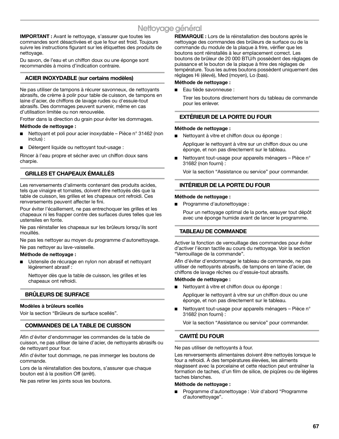 Jenn-Air JGRP436, JGRP548, JGRP430, JGRP536 manual Nettoyage général 