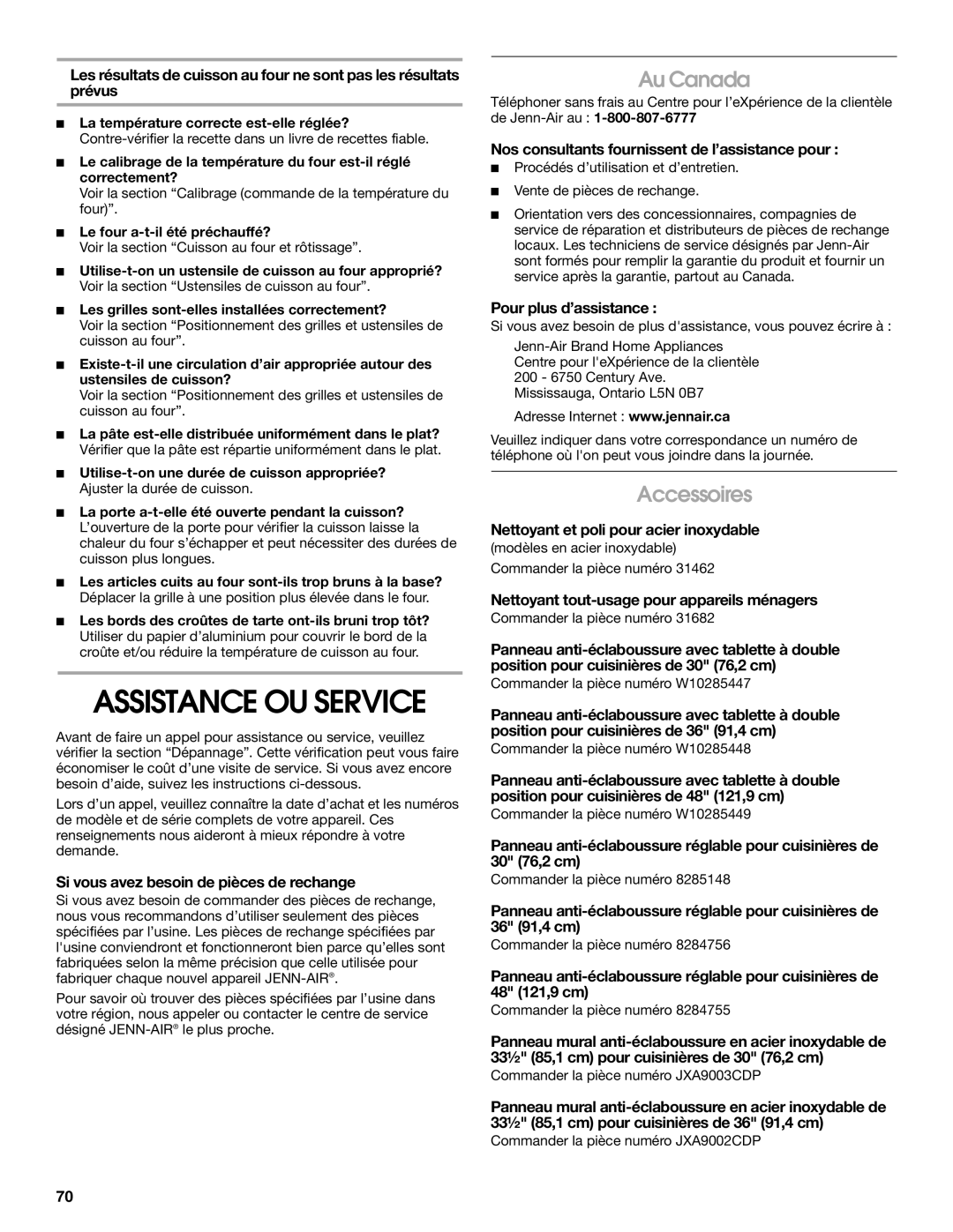 Jenn-Air JGRP536, JGRP548, JGRP430, JGRP436 manual Au Canada, Accessoires 