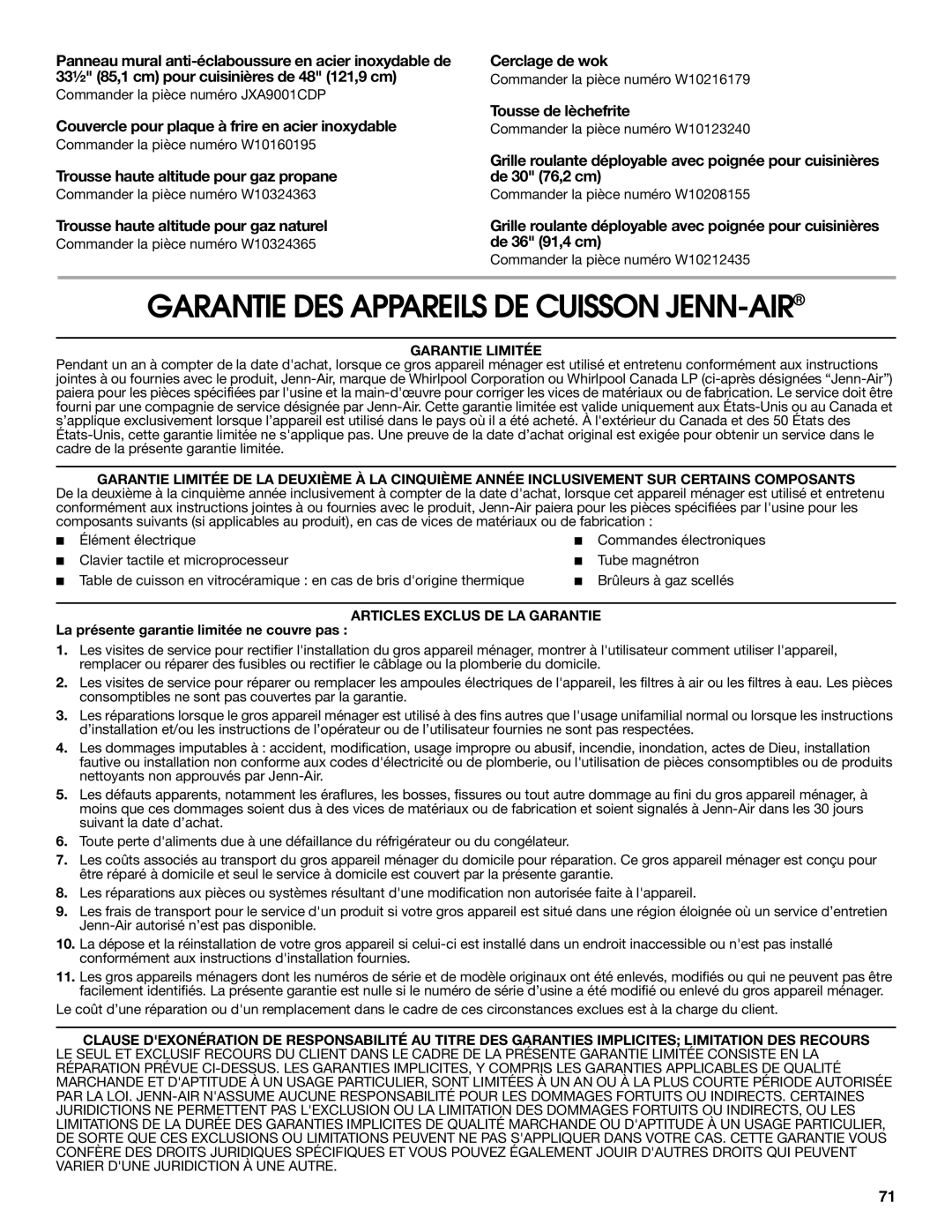 Jenn-Air JGRP436, JGRP548 Garantie DES Appareils DE Cuisson JENN-AIR, Couvercle pour plaque à frire en acier inoxydable 