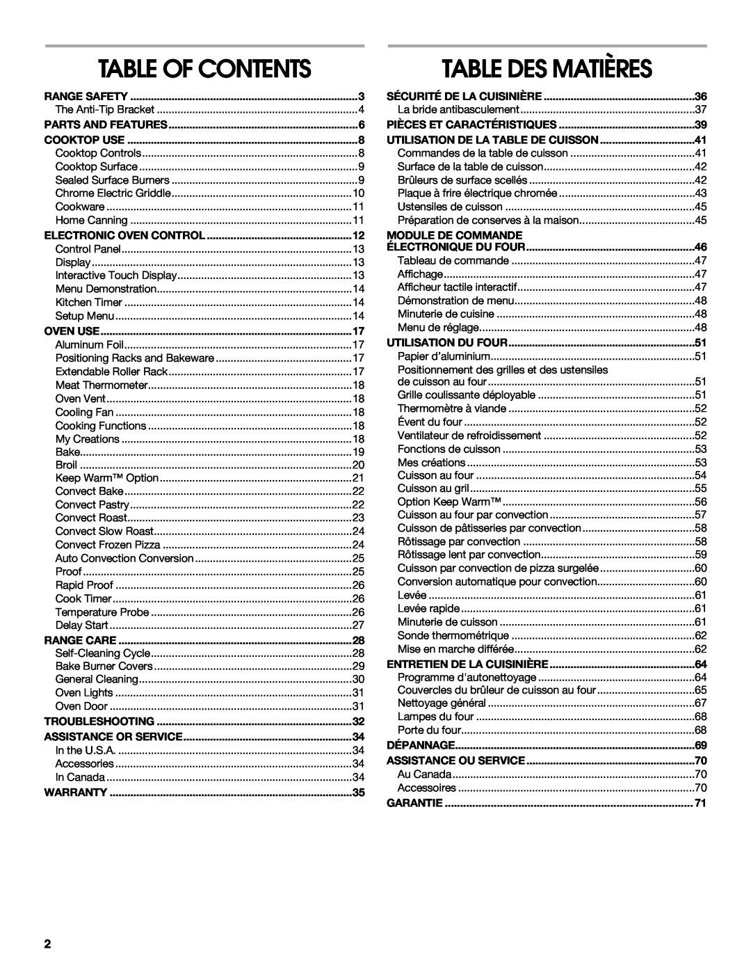 Jenn-Air JGRP536, JGRP548, JGRP430, JGRP436 manual Table Of Contents, Table Des Matières 