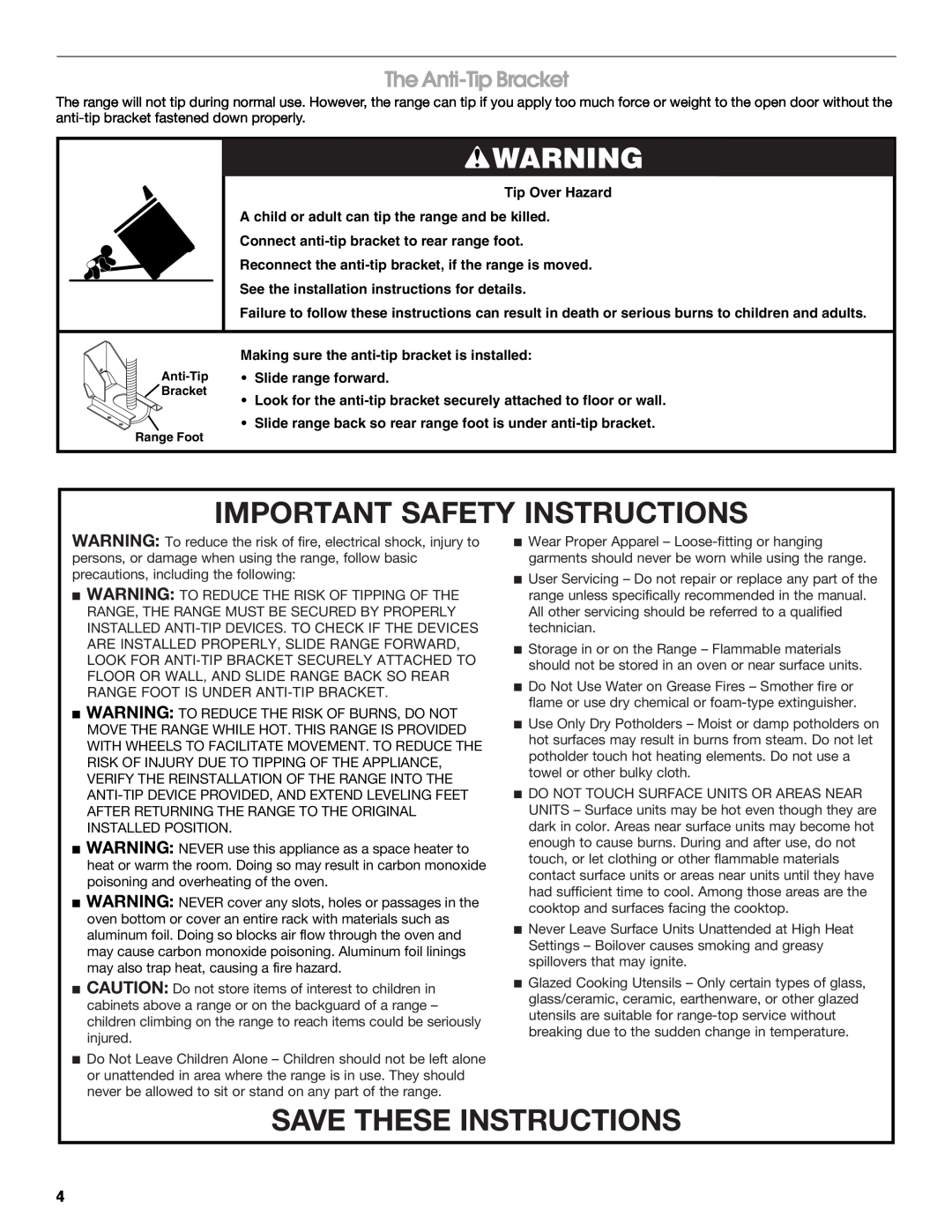 Jenn-Air JGRP548, JGRP430, JGRP536, JGRP436 Important Safety Instructions, Save These Instructions, The Anti-Tip Bracket 