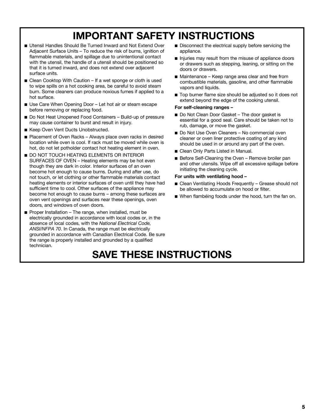 Jenn-Air JGRP430, JGRP548, JGRP536, JGRP436 Important Safety Instructions, Save These Instructions, For self-cleaning ranges 