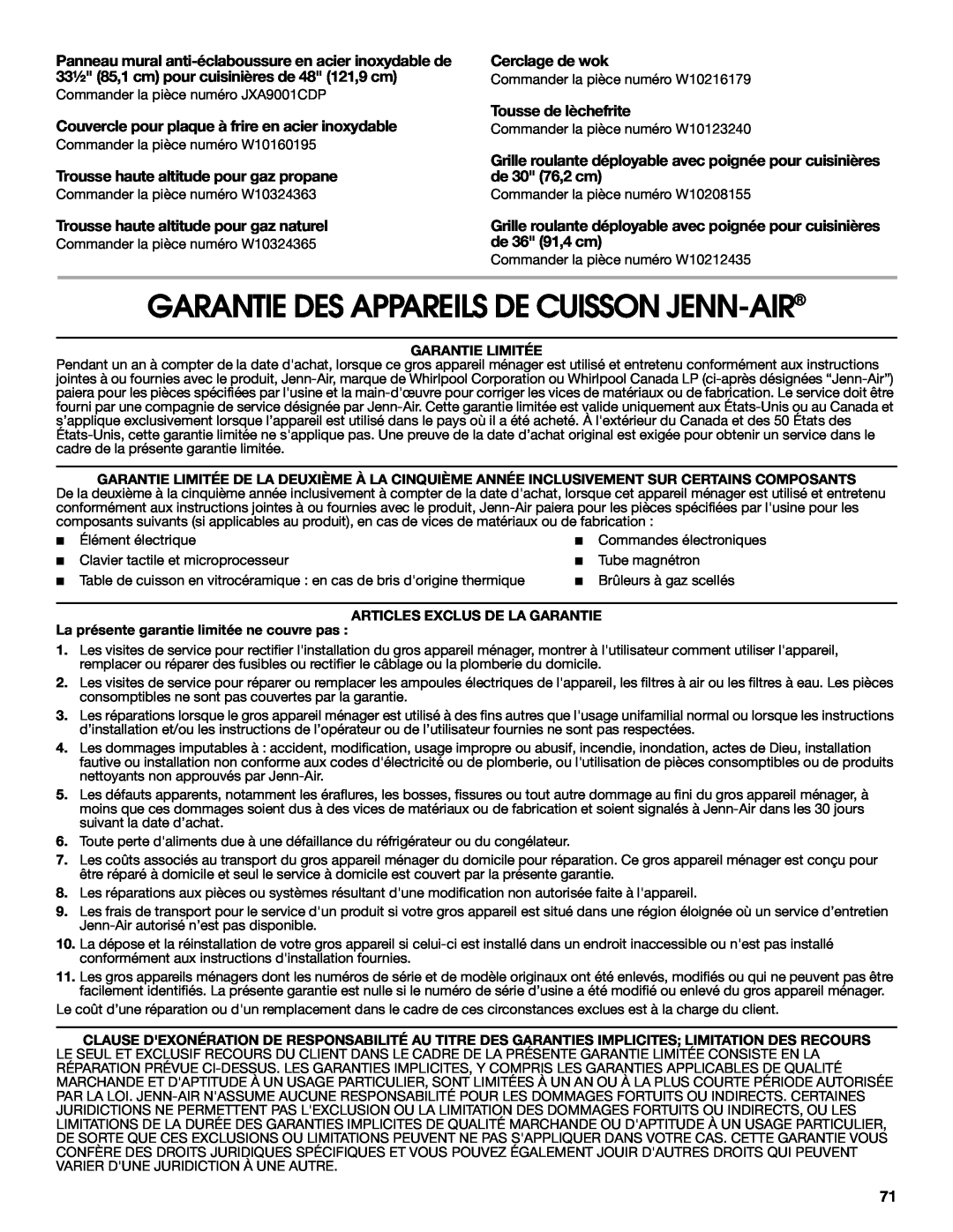 Jenn-Air JGRP436 manual Garantie Des Appareils De Cuisson Jenn-Air, Panneau mural anti-éclaboussure en acier inoxydable de 