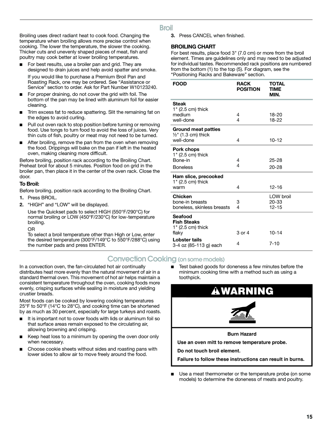 Jenn-Air JGS8850 manual Convection Cooking on some models, To Broil, Broiling Chart, Food Rack Total Position Time MIN 