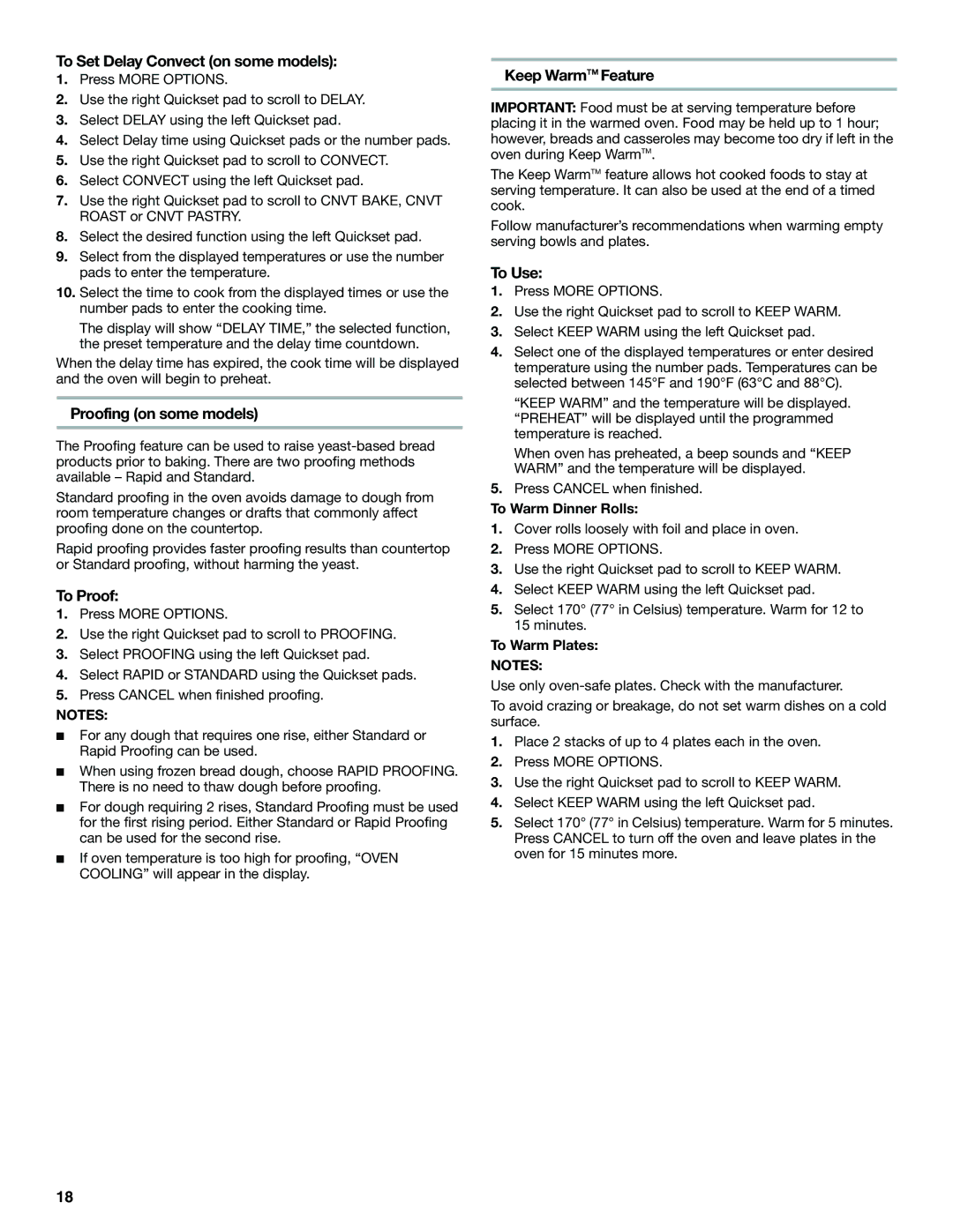 Jenn-Air JGS8850 manual To Set Delay Convect on some models, Proofing on some models, To Proof, Keep WarmTM Feature, To Use 