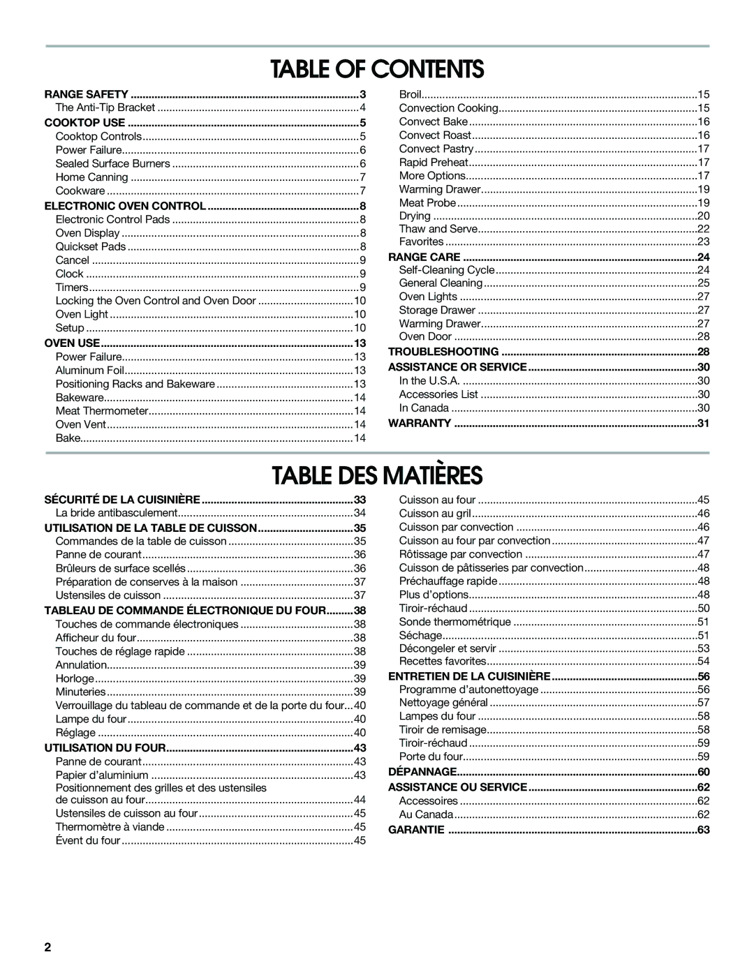 Jenn-Air JGS8750, JGS8850, JGS8860 manual Table of Contents, Table DES Matières 