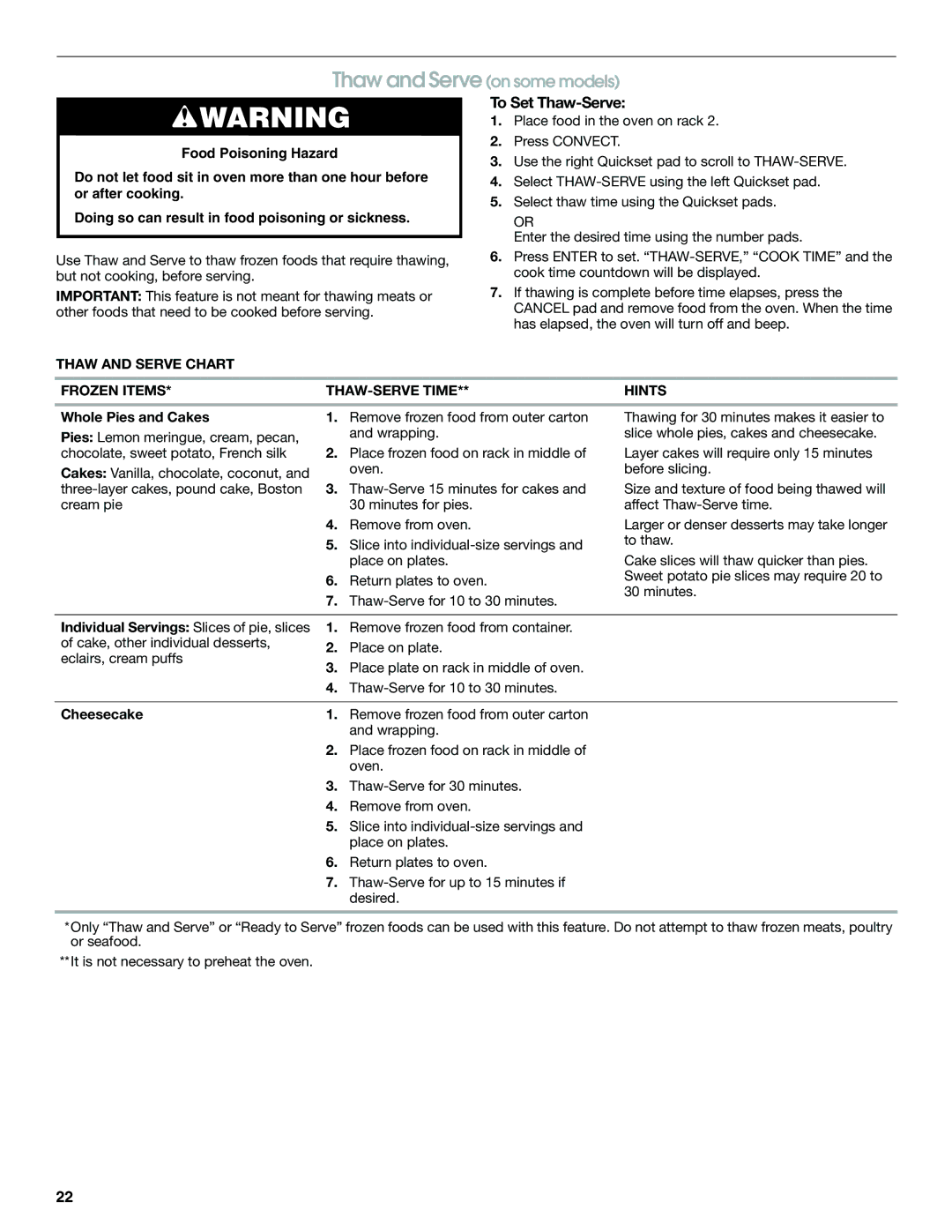 Jenn-Air JGS8860, JGS8850 To Set Thaw-Serve, Thaw and Serve Chart Frozen Items THAW-SERVE Time Hints, Whole Pies and Cakes 