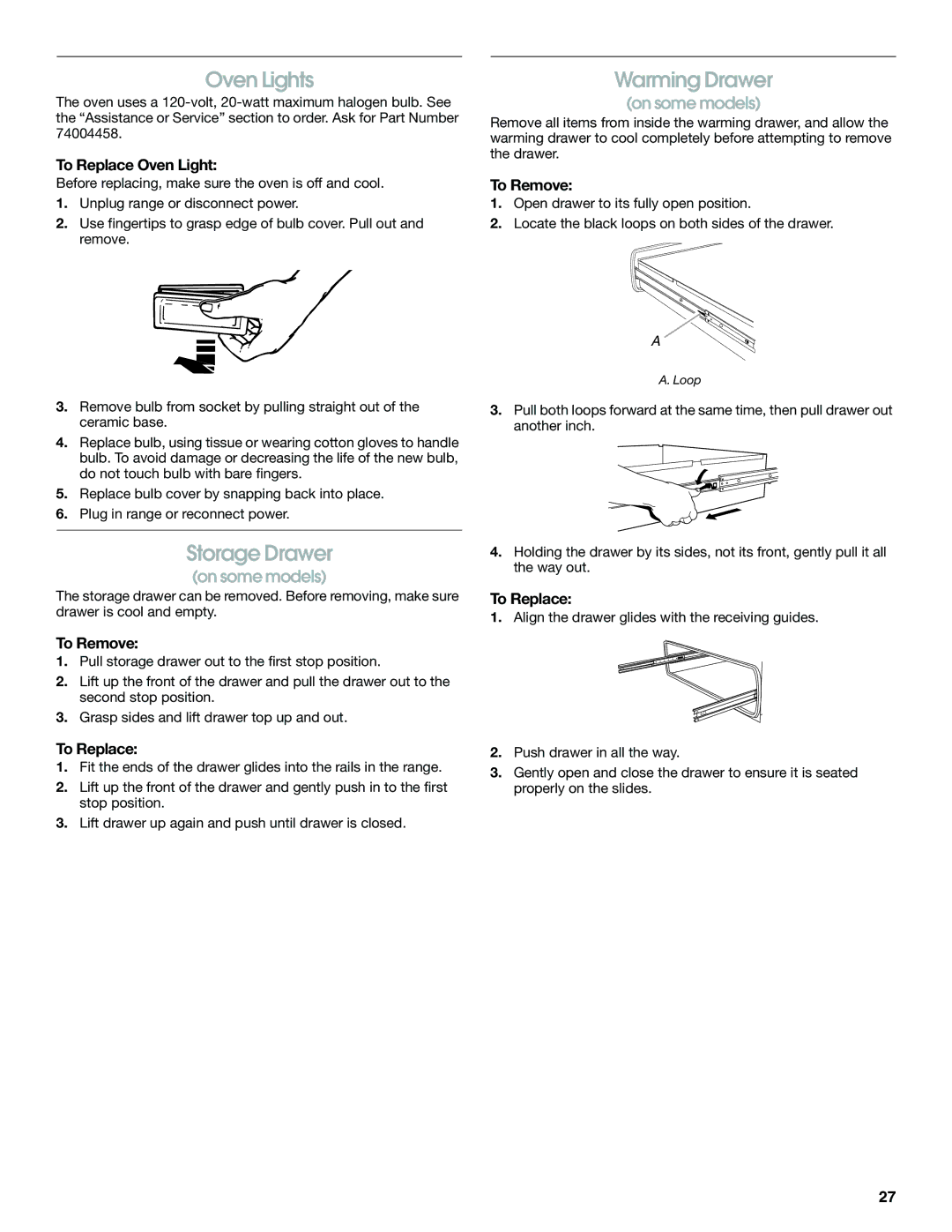 Jenn-Air JGS8850, JGS8860, JGS8750 manual Oven Lights, Storage Drawer, To Replace Oven Light, To Remove 