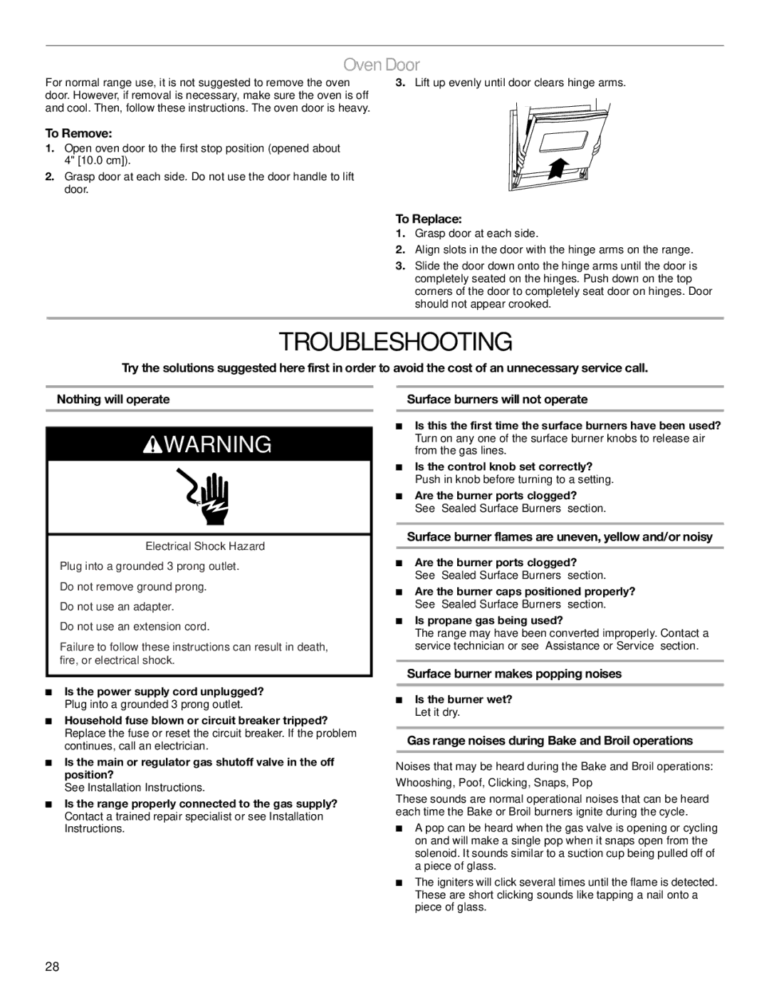 Jenn-Air JGS8860, JGS8850, JGS8750 manual Troubleshooting, Oven Door 